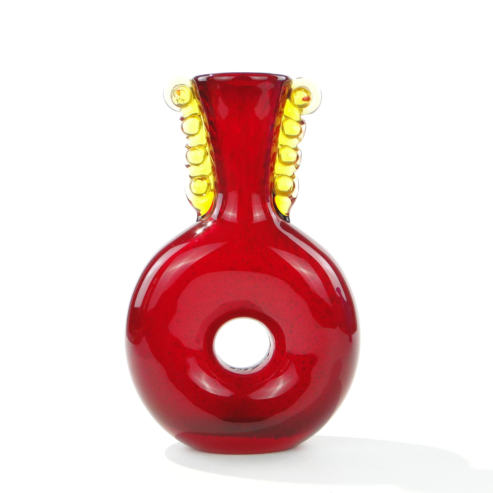Organic vase, red yellow, glass, by J. Górski, Poland, 1960s.