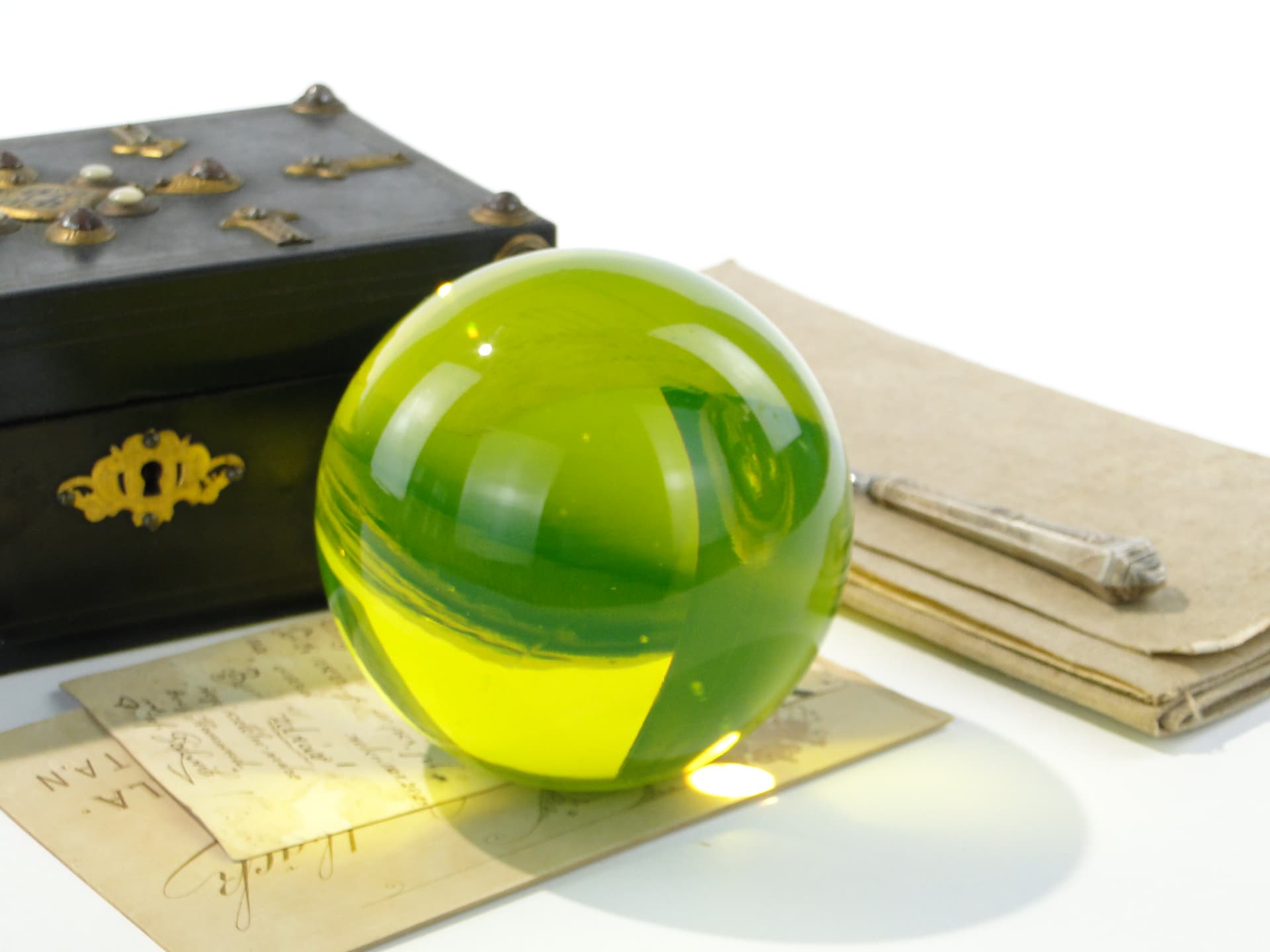 Paperweight Sphere, yellow-green transparent glass, 1960s - 332685