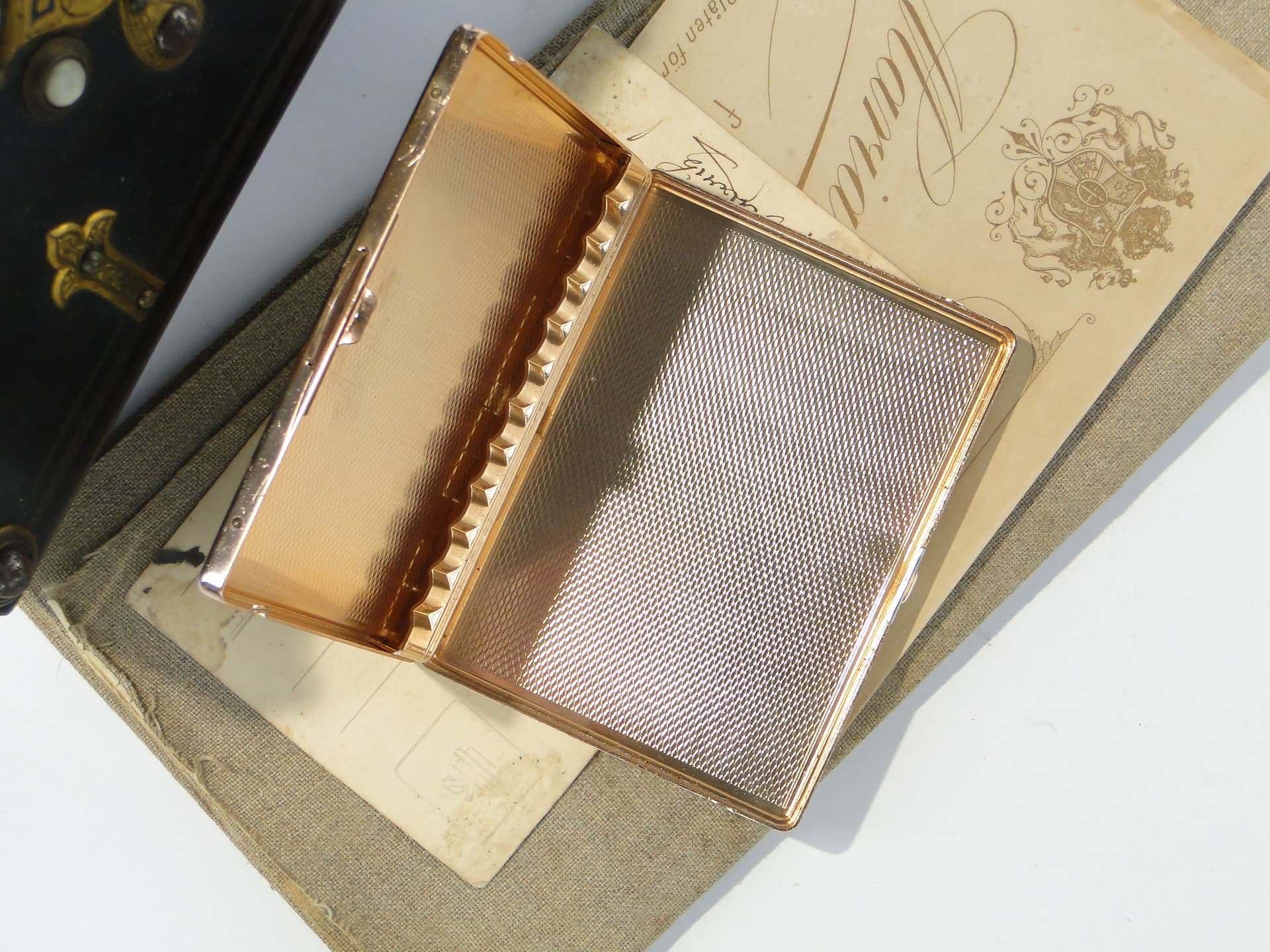 Cigarette case, mosaic, white silver mother-of-pearl, gold metal, mid-century modern, 1950s - 332753
