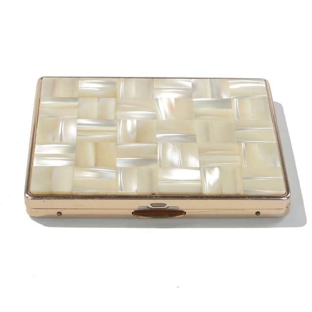 Cigarette case, mosaic, white silver mother-of-pearl, gold metal, mid-century modern, 1950s - DIMENSION