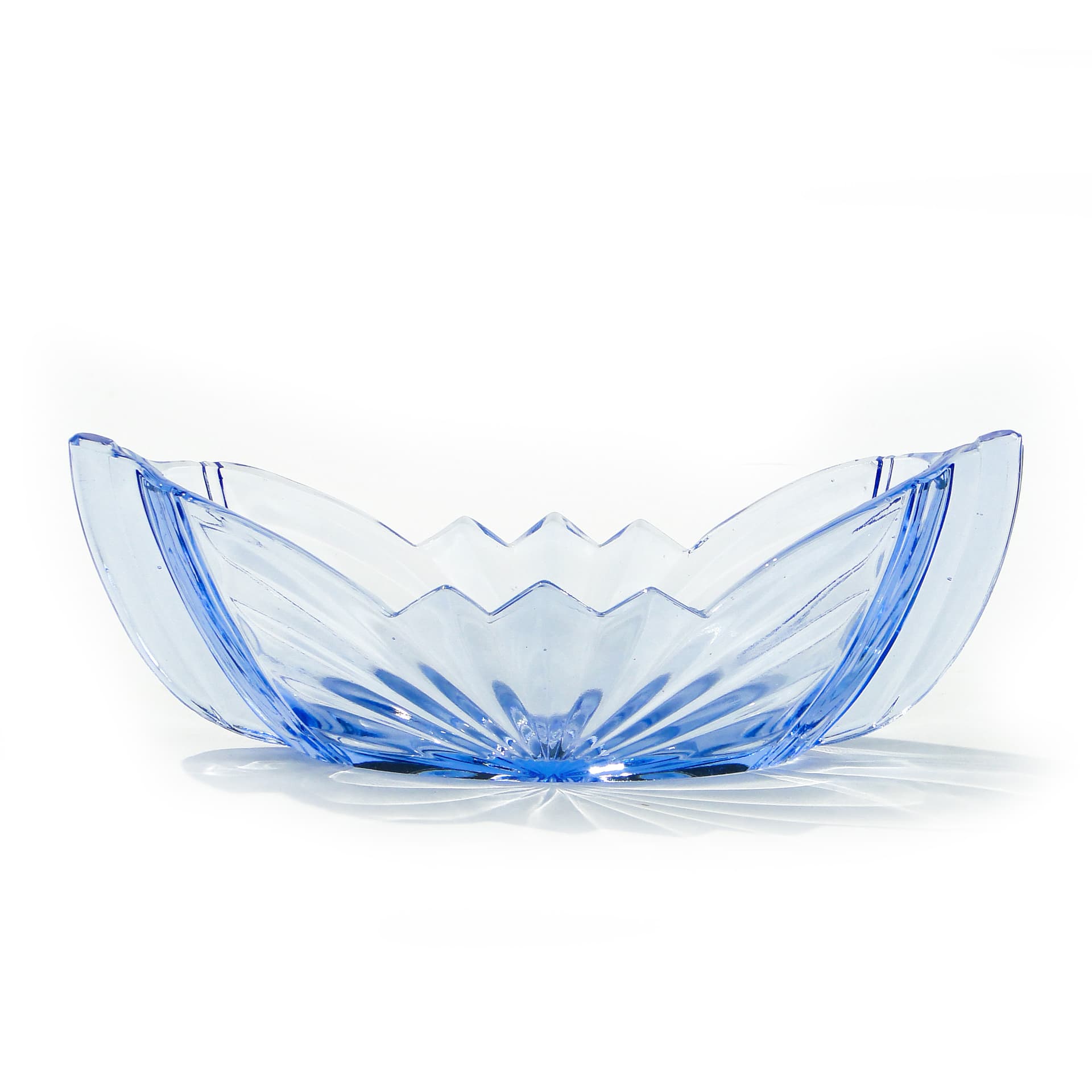 Jardiniere Skrzydlate Półksiężyce, transparent light blue glass, Niemen Glassworks, Poland, 1930s