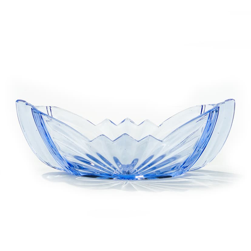 Jardiniere Skrzydlate Półksiężyce, transparent light blue glass, Niemen Glassworks, Poland, 1930s