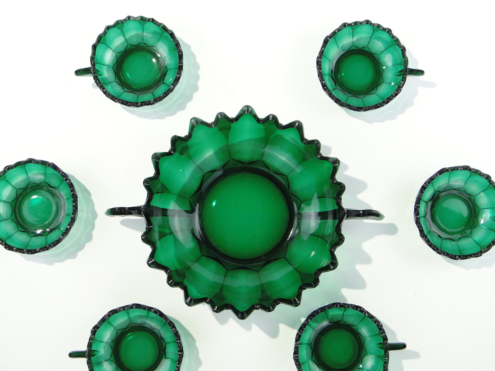 Dessert Set Art Deco, emerald green, glass, Hermanova Hut (Stölzle), Czechoslovakia, 1930s - 332808
