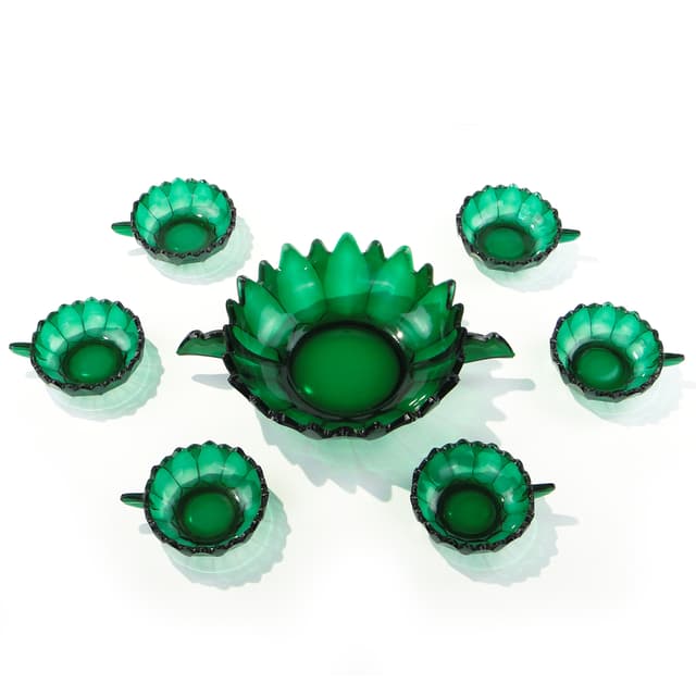 Dessert Set Art Deco, emerald green, glass, Hermanova Hut (Stölzle), Czechoslovakia, 1930s - DIMENSION