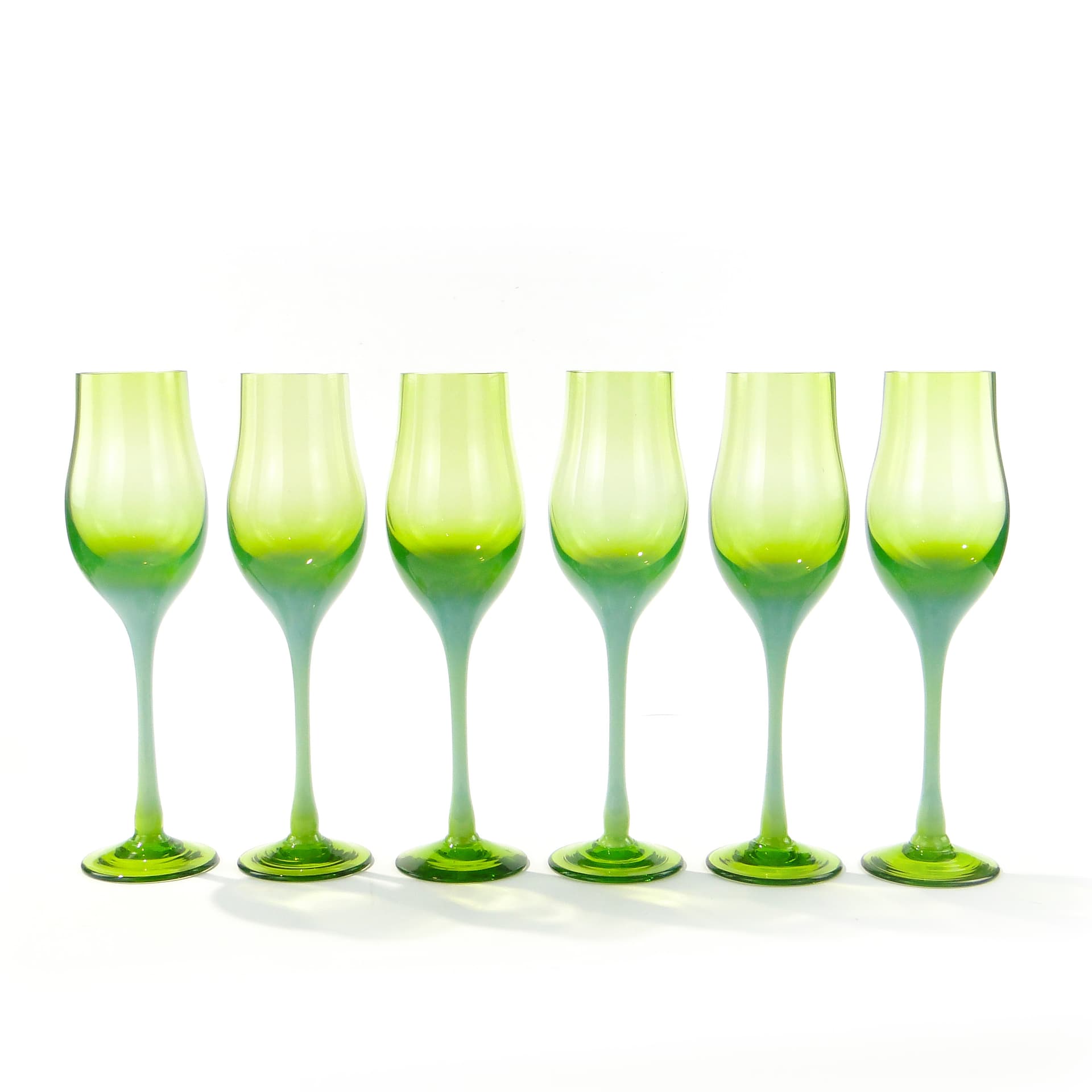 Set of goblets Lotos, green yellow transparent glass, by Z. Horbowy, Huta Szkła Artystycznego 'Barbara', Poland, 1970s.