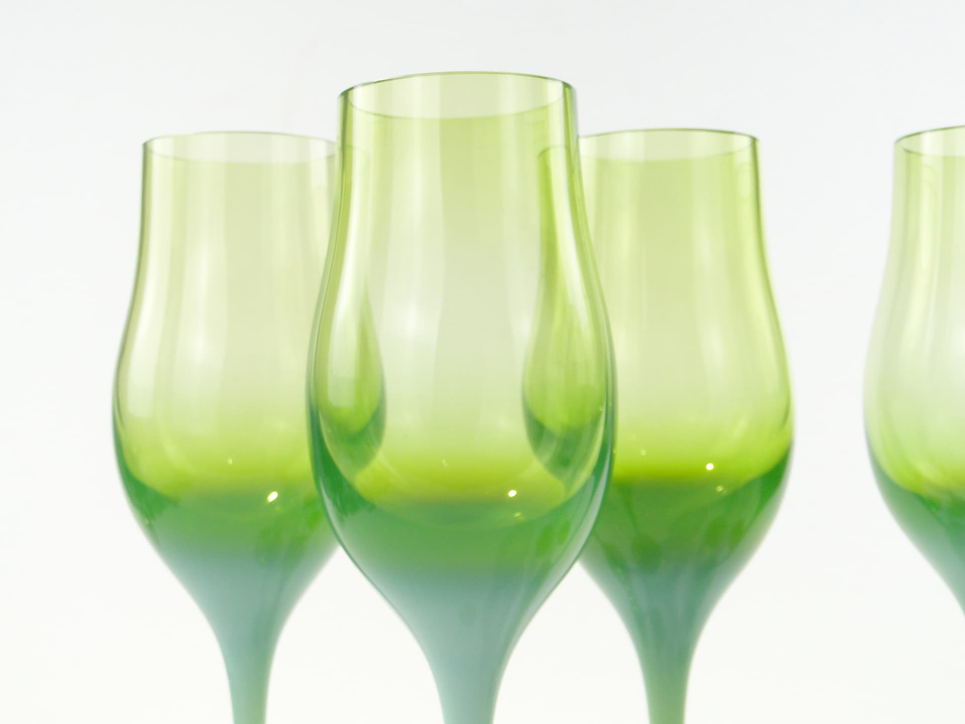 Set of goblets Lotos, green yellow transparent glass, by Z. Horbowy, Huta Szkła Artystycznego 'Barbara', Poland, 1970s. - 332822