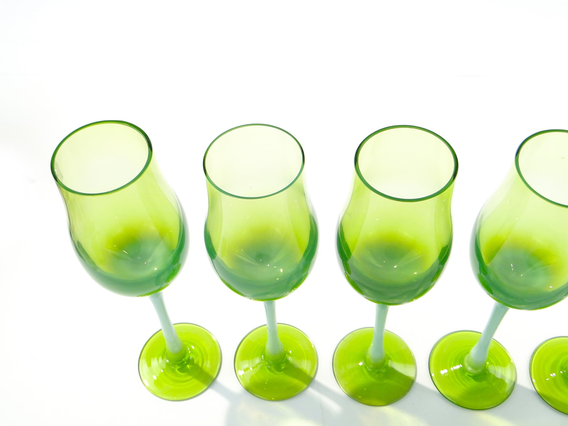 Set of goblets Lotos, green yellow transparent glass, by Z. Horbowy, Huta Szkła Artystycznego 'Barbara', Poland, 1970s. - 332820