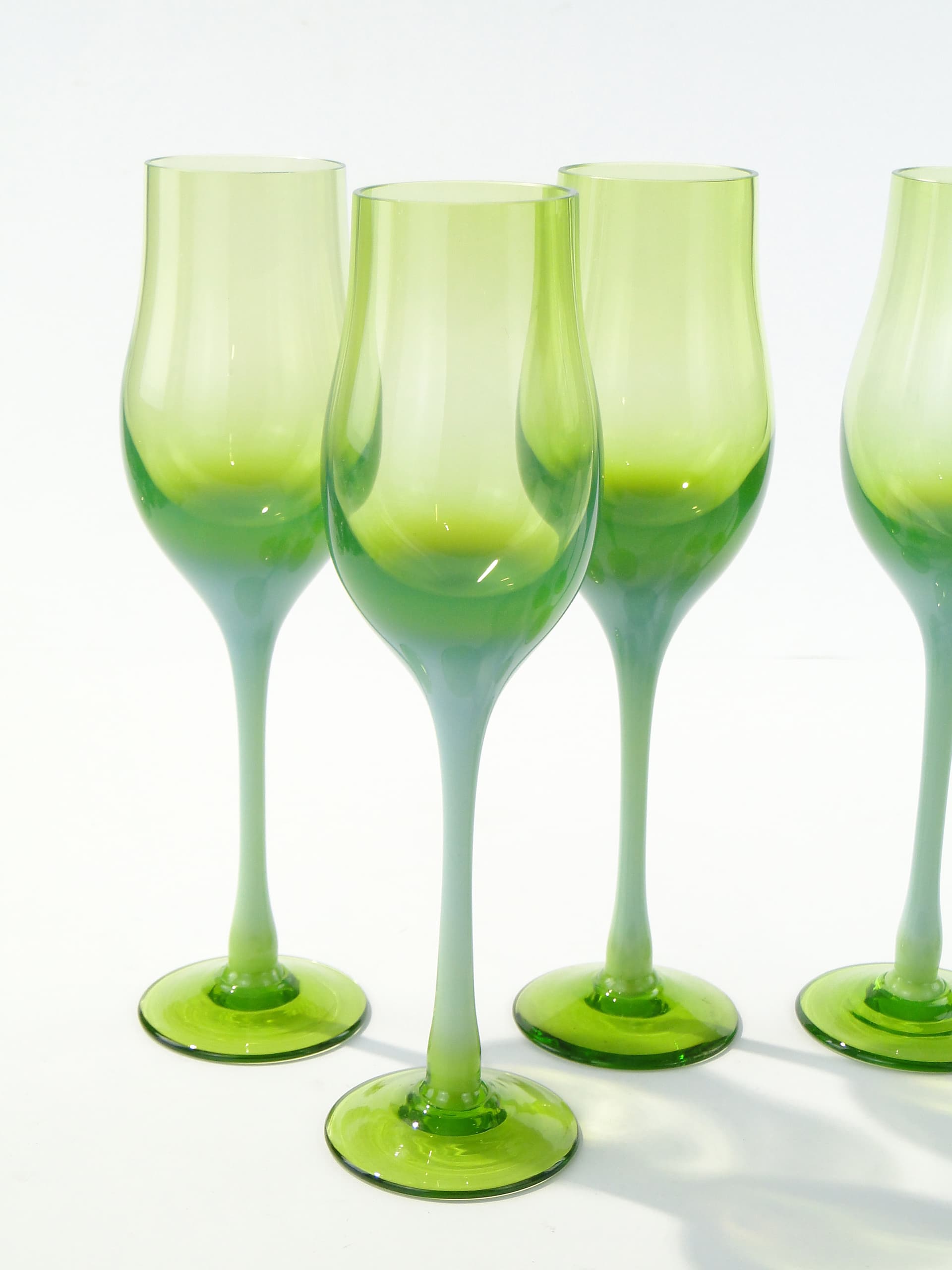Set of goblets Lotos, green yellow transparent glass, by Z. Horbowy, Huta Szkła Artystycznego 'Barbara', Poland, 1970s. - 332823