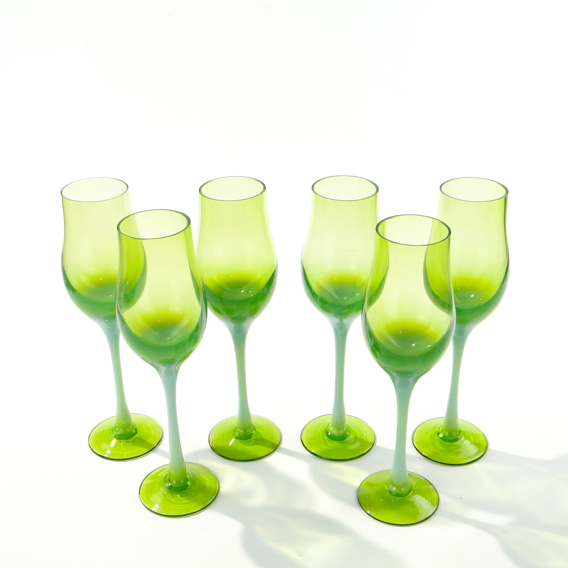 Set of goblets Lotos, green yellow transparent glass, by Z. Horbowy, Huta Szkła Artystycznego 'Barbara', Poland, 1970s. - 332819