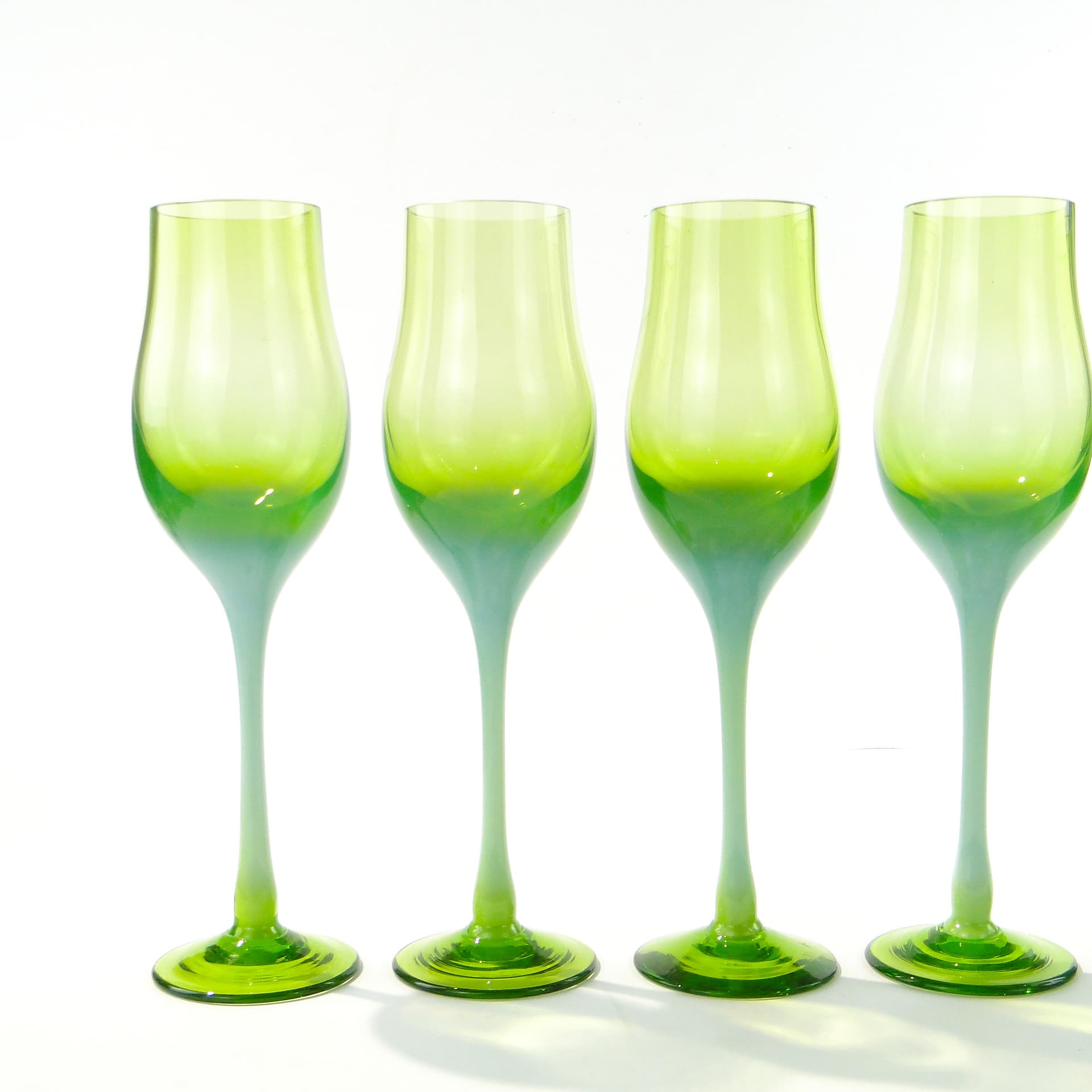 Set of goblets Lotos, green yellow transparent glass, by Z. Horbowy, Huta Szkła Artystycznego 'Barbara', Poland, 1970s. - 332816