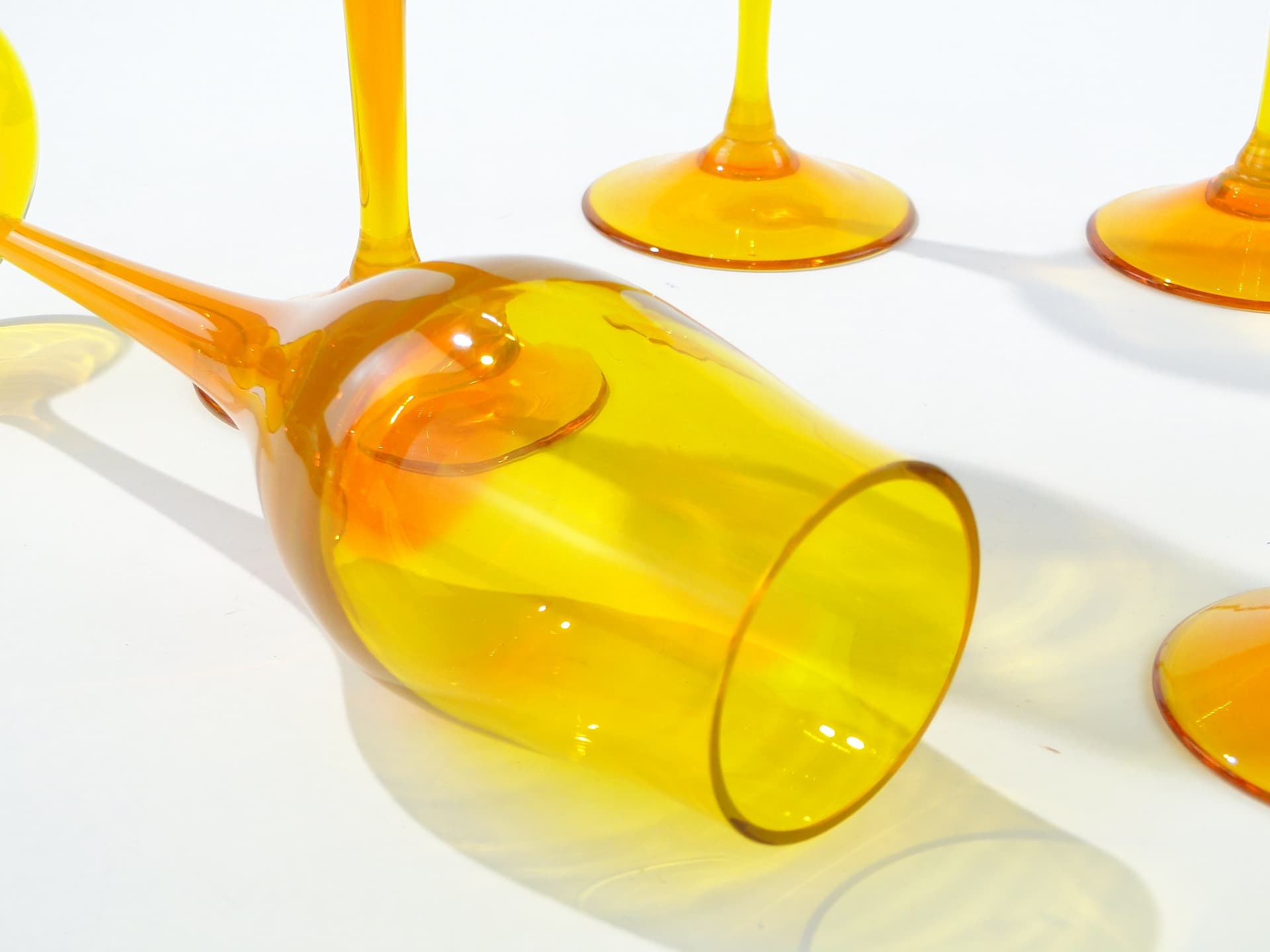 Set of goblets Lotos, orange yellow transparent glass, by Z. Horbowy, Huta Szkła Artystycznego 'Barbara', Poland, 1970s. - 332831