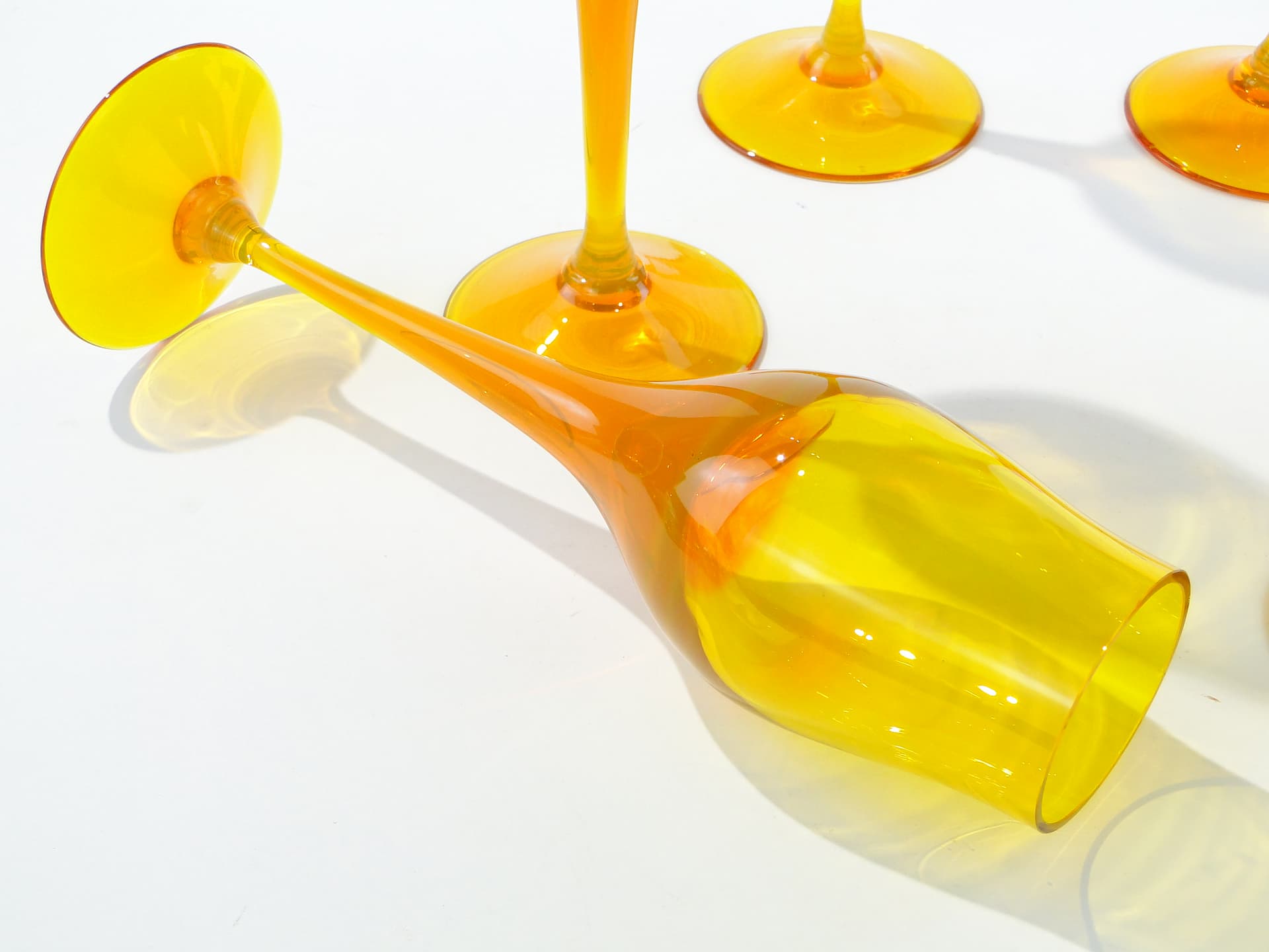 Set of goblets Lotos, orange yellow transparent glass, by Z. Horbowy, Huta Szkła Artystycznego 'Barbara', Poland, 1970s. - 332832
