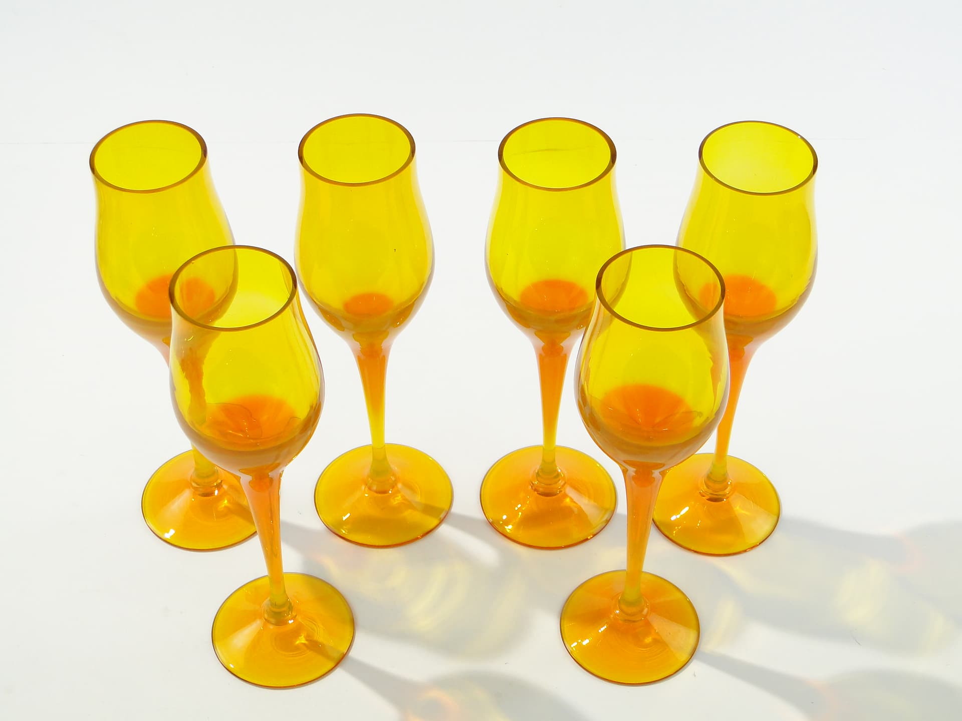 Set of goblets Lotos, orange yellow transparent glass, by Z. Horbowy, Huta Szkła Artystycznego 'Barbara', Poland, 1970s. - 332827