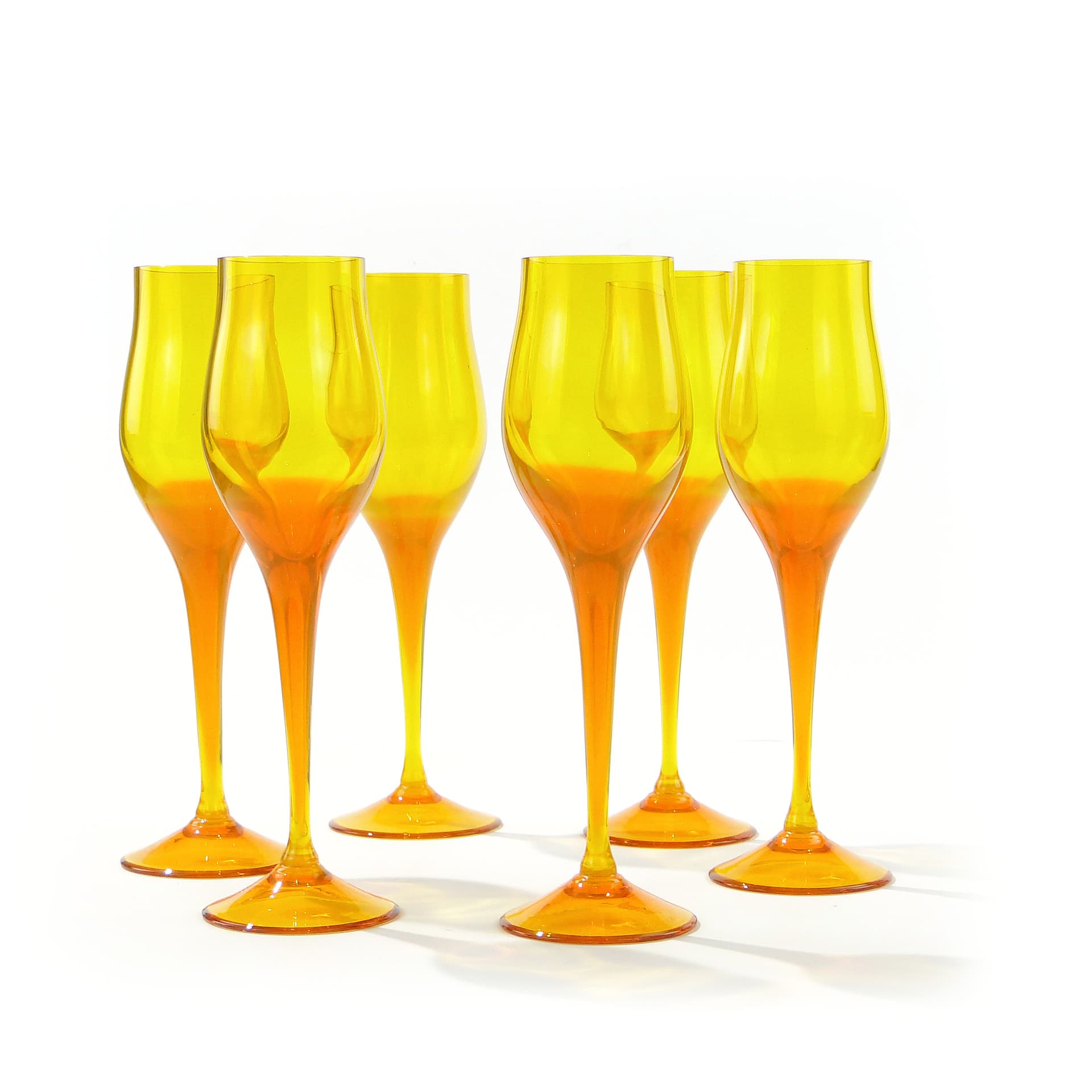 Set of goblets Lotos, orange yellow transparent glass, by Z. Horbowy, Huta Szkła Artystycznego 'Barbara', Poland, 1970s. - 332826
