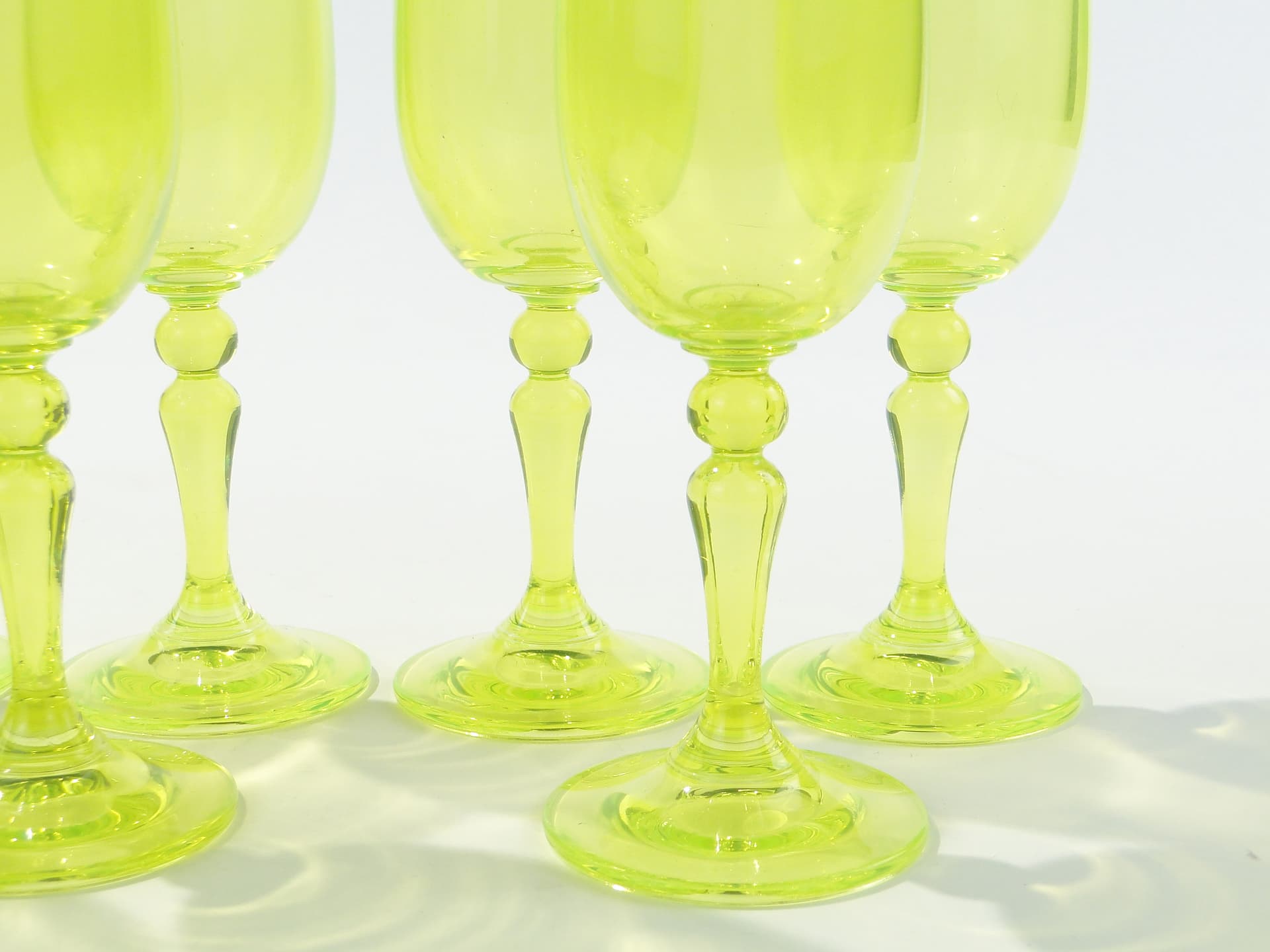 Set of wine glasses, yellow-green uranium glass, Borské Sklo, Czechoslovakia, 1960s. - 332838