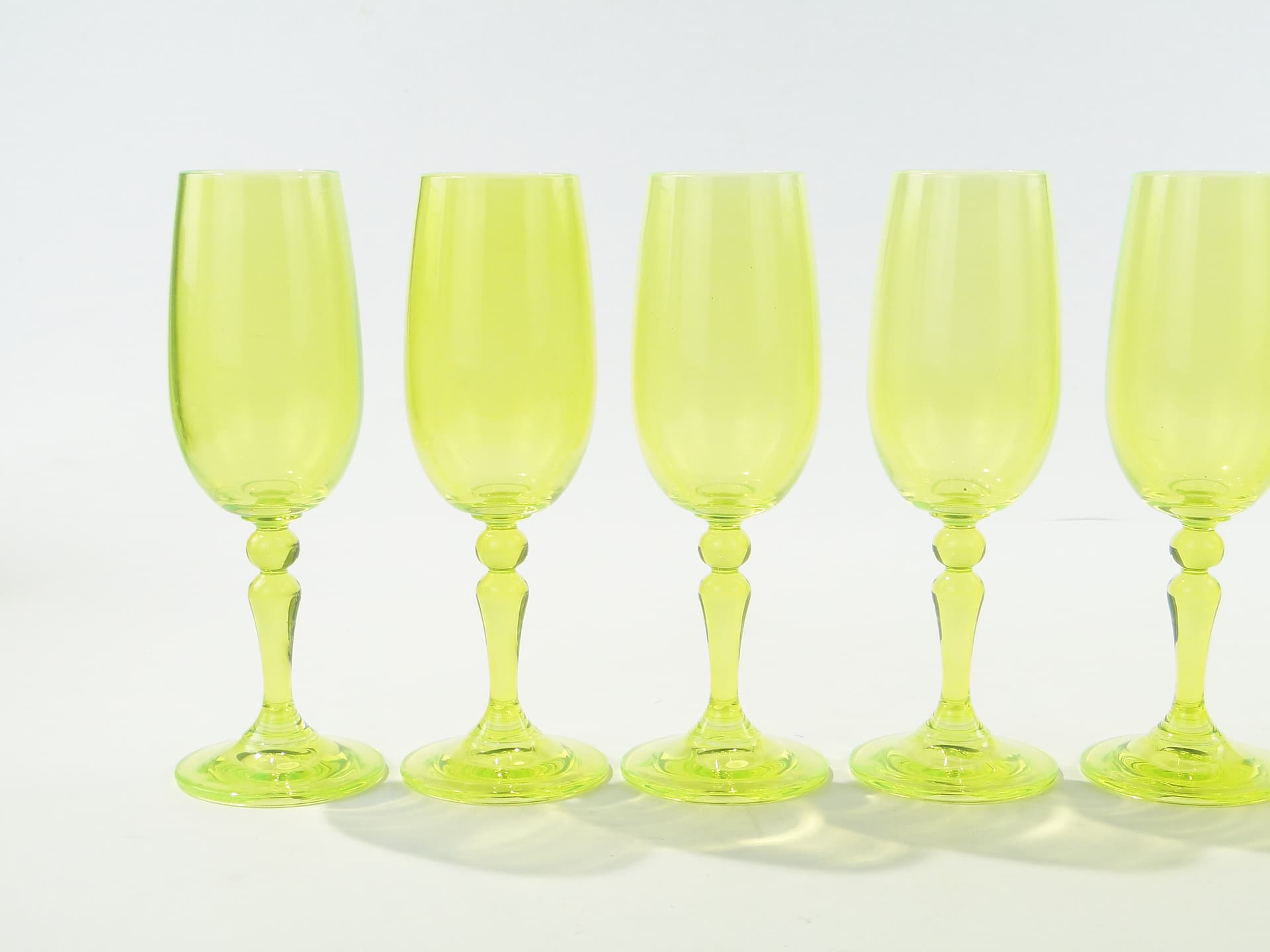Set of wine glasses, yellow-green uranium glass, Borské Sklo, Czechoslovakia, 1960s. - 332835