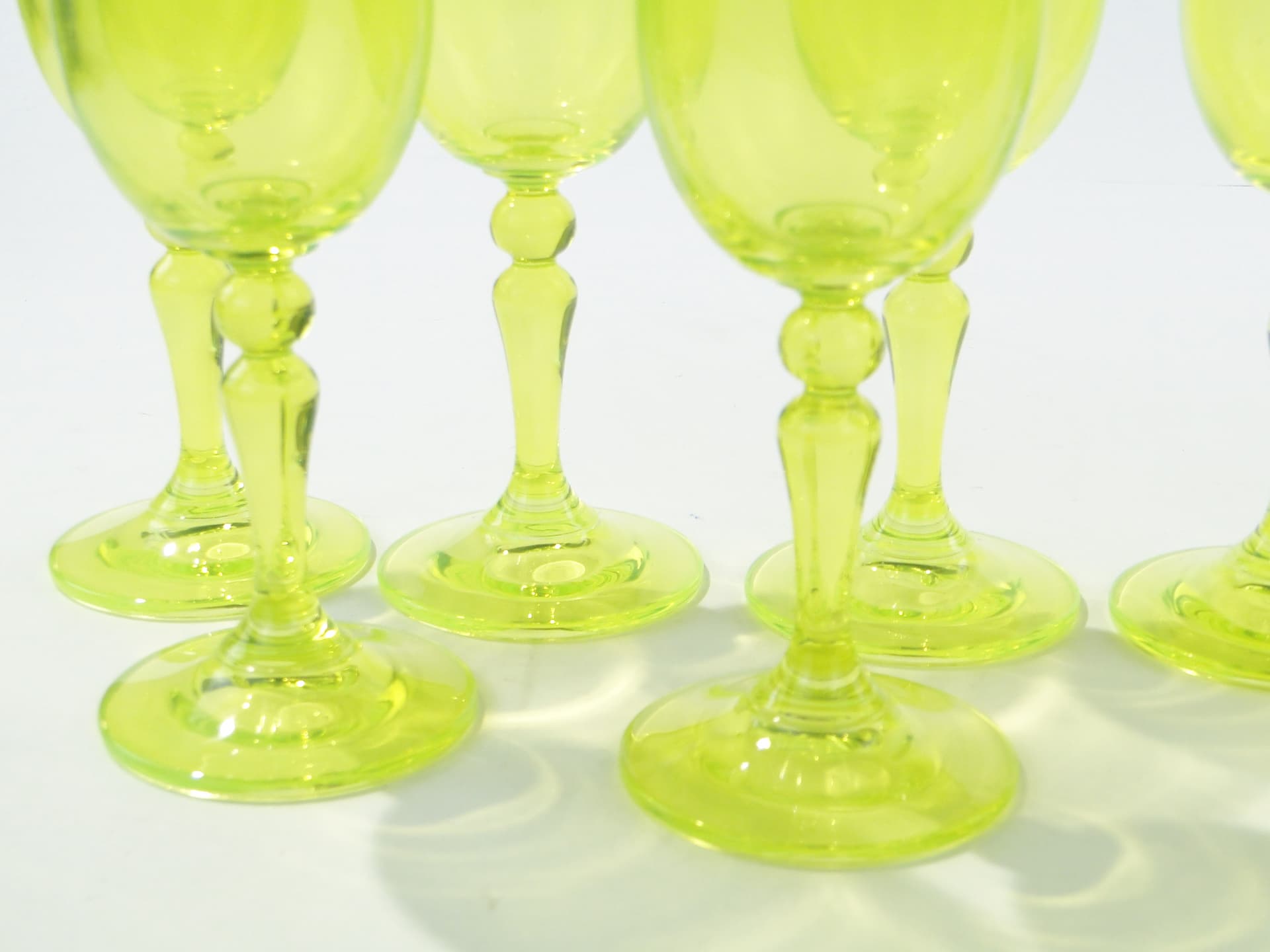 Set of wine glasses, yellow-green uranium glass, Borské Sklo, Czechoslovakia, 1960s. - 332839