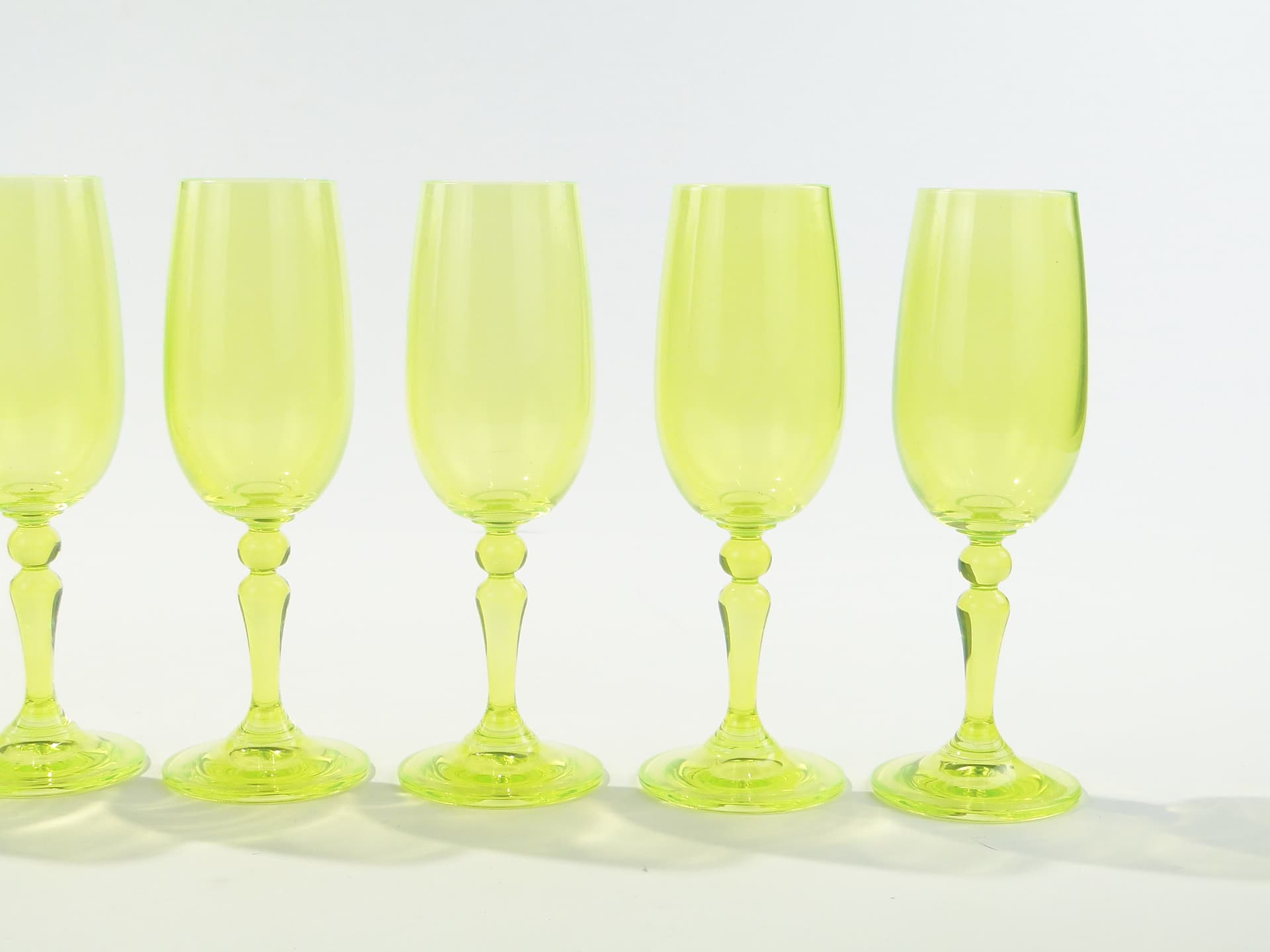 Set of wine glasses, yellow-green uranium glass, Borské Sklo, Czechoslovakia, 1960s. - 332834