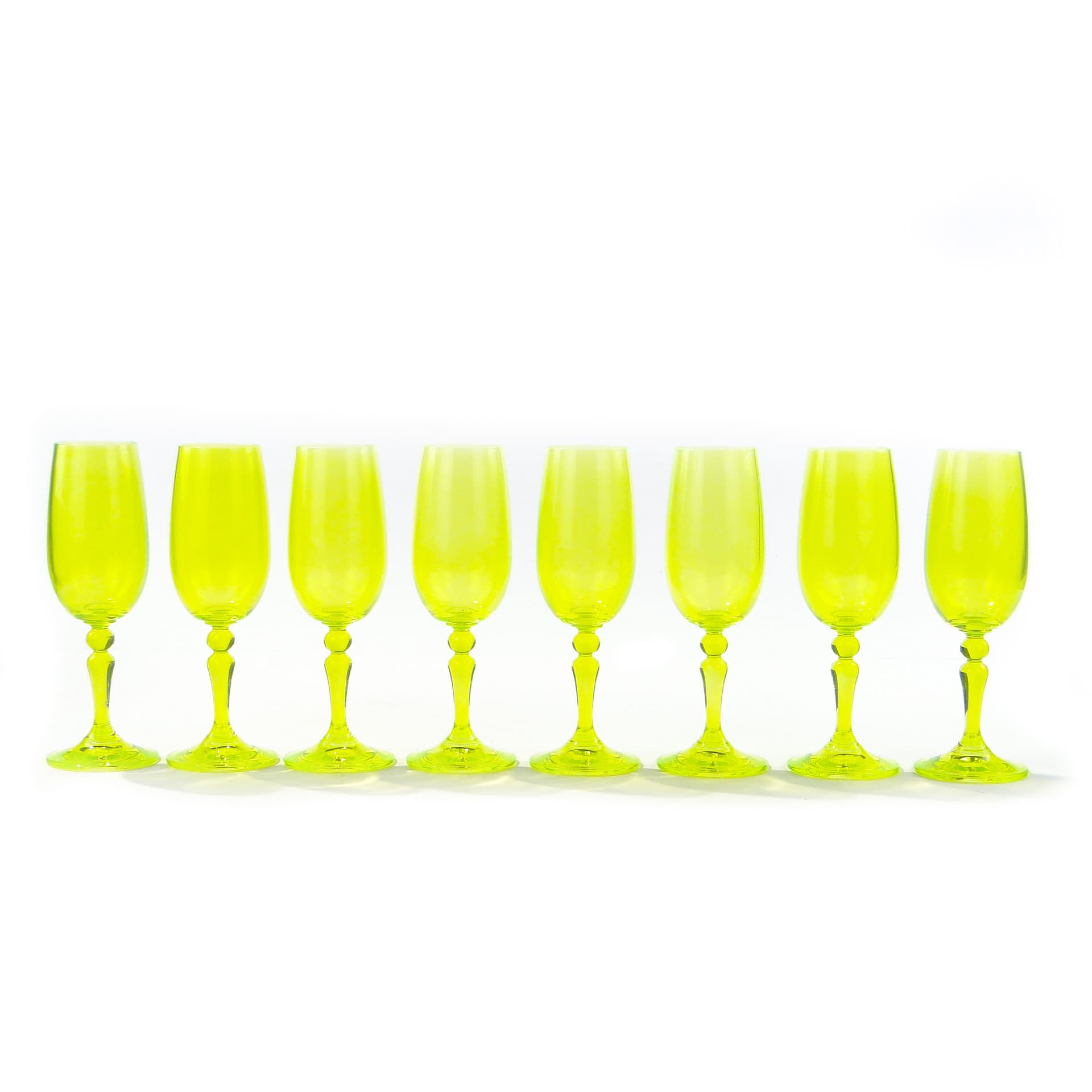 Set of wine glasses, yellow-green uranium glass, Borské Sklo, Czechoslovakia, 1960s.