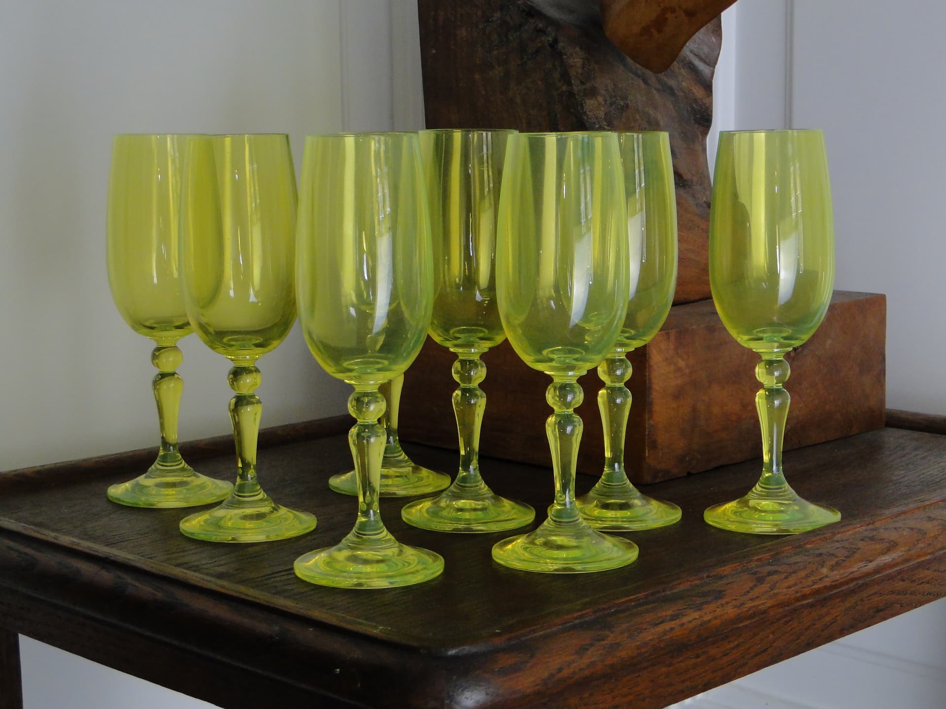 Set of wine glasses, yellow-green uranium glass, Borské Sklo, Czechoslovakia, 1960s. - 332841