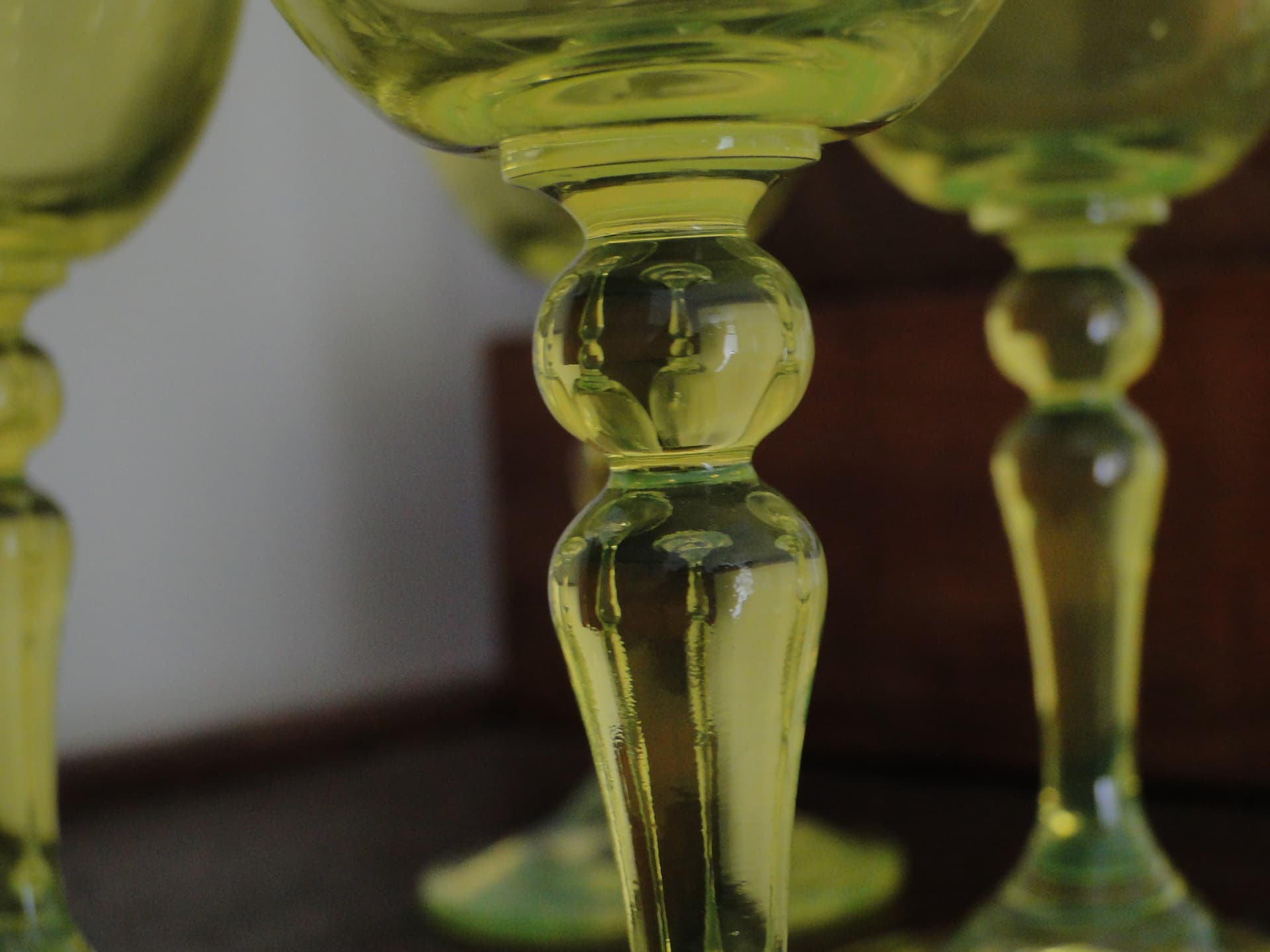 Set of wine glasses, yellow-green uranium glass, Borské Sklo, Czechoslovakia, 1960s. - 332842