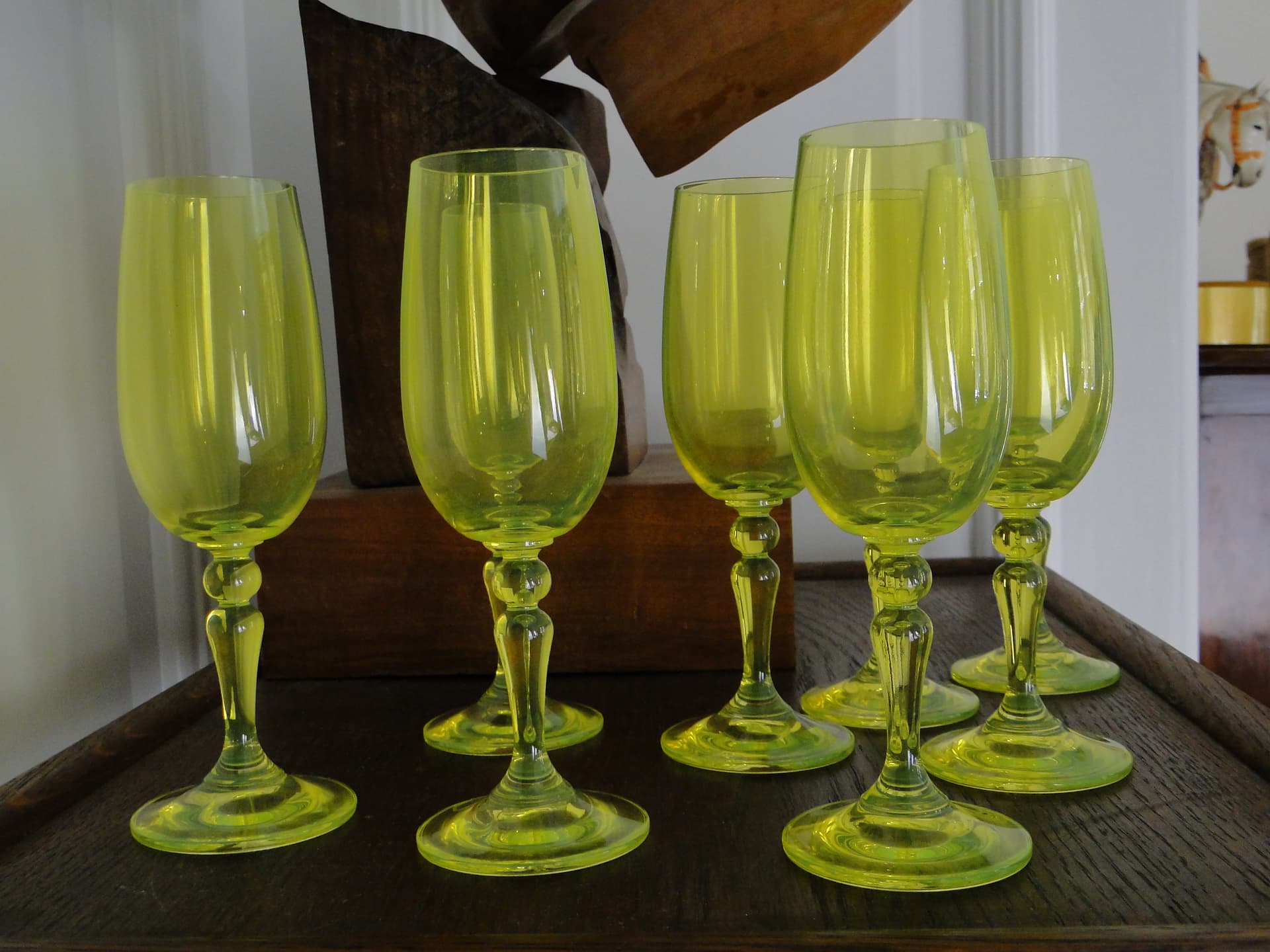 Set of wine glasses, yellow-green uranium glass, Borské Sklo, Czechoslovakia, 1960s. - 332837