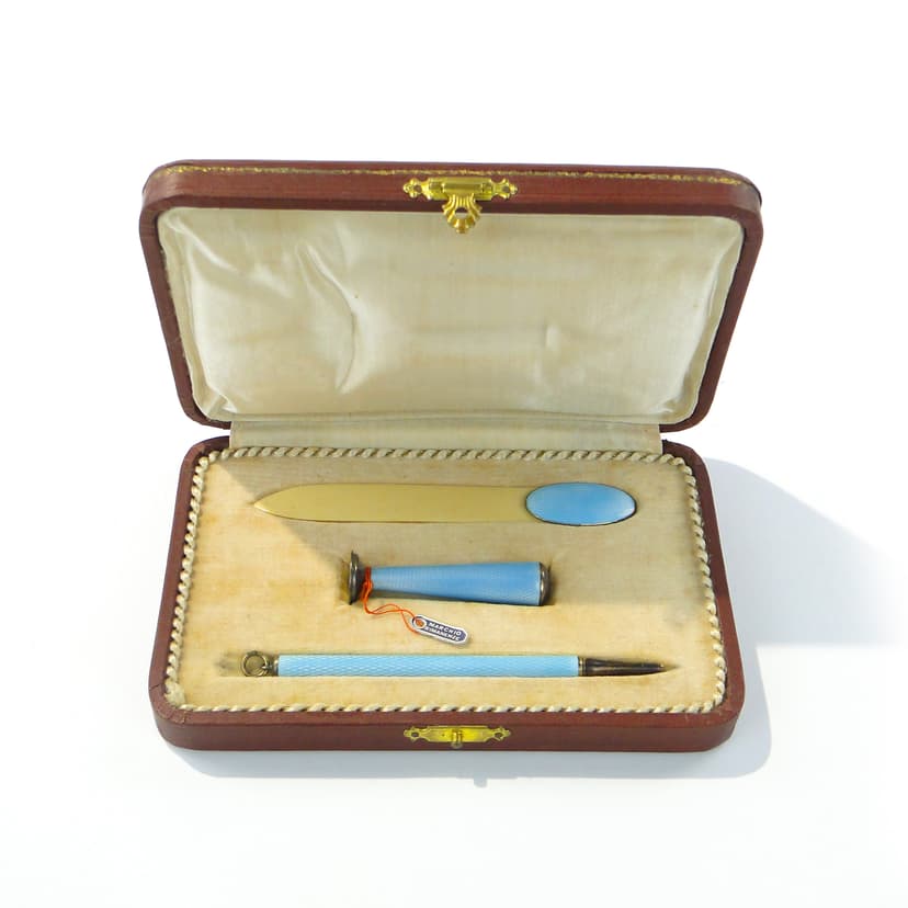 Writing set, Art Deco, blue enamel, silver, Italy, 1940s