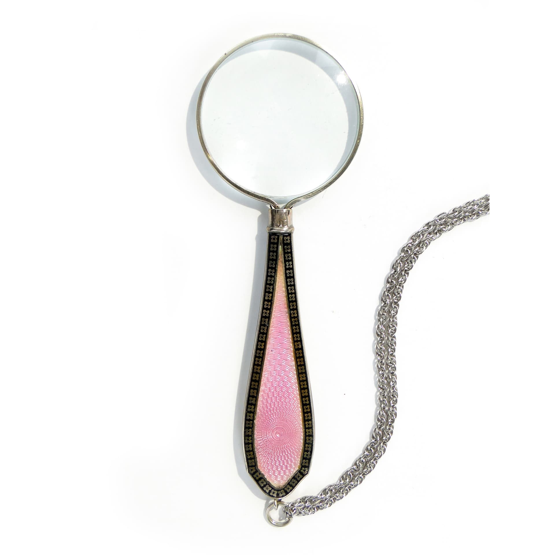 Magnifying Glass Pendant, Art Deco, silver pink enamel, France, early 20th c.