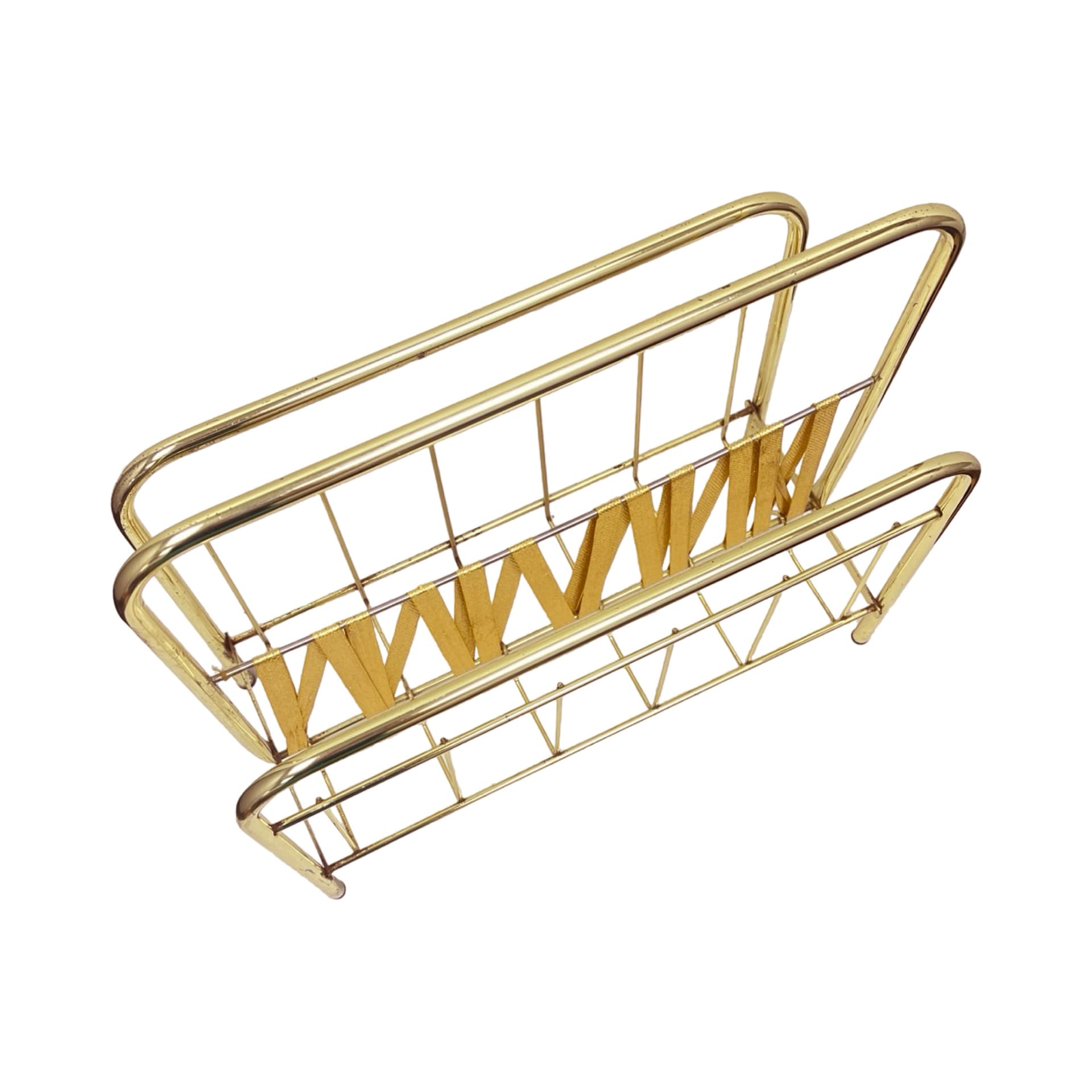 Magazine Rack, Hollywood Regency, gold brass, fabric, Germany, 1970s - 333201