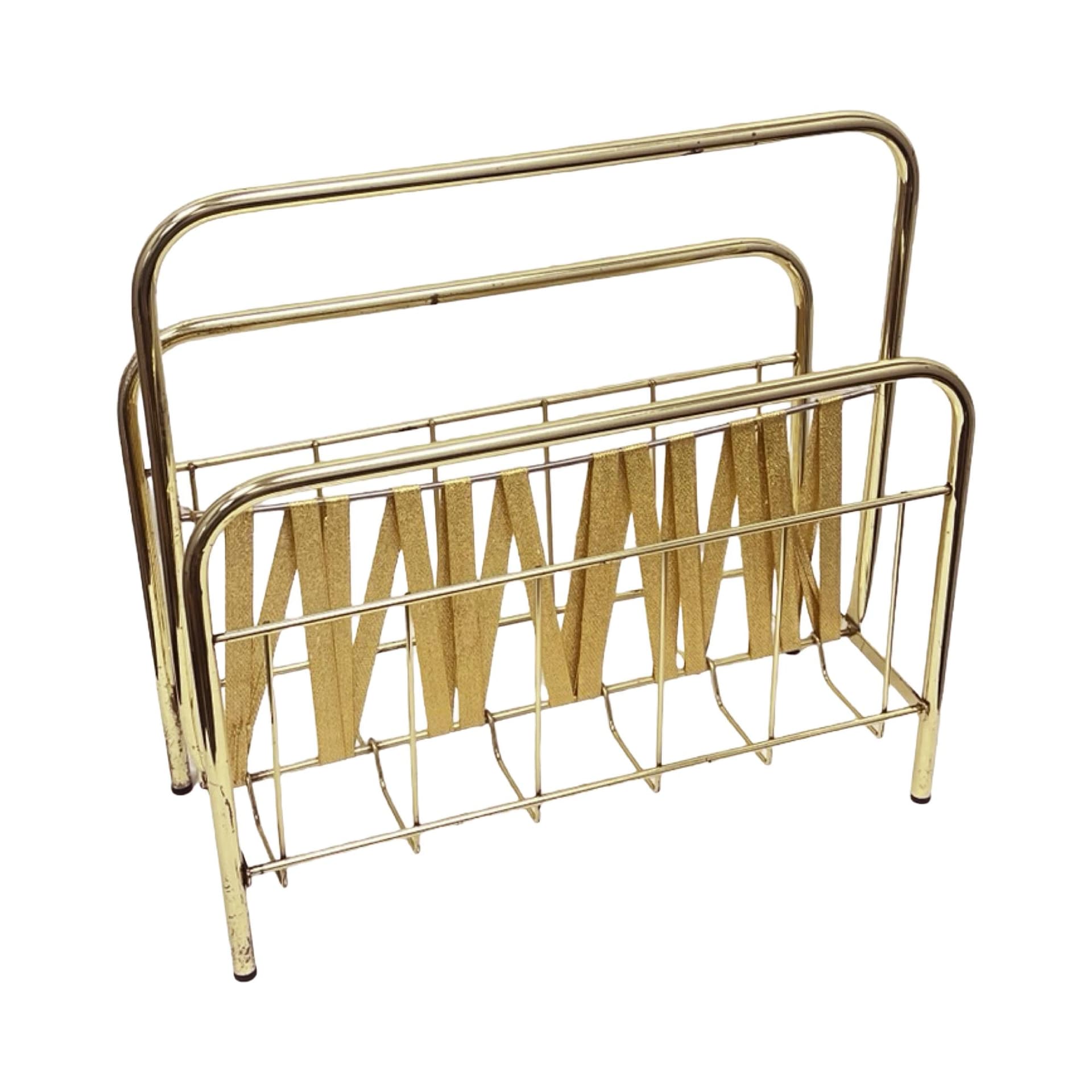 Magazine Rack, Hollywood Regency, gold brass, fabric, Germany, 1970s