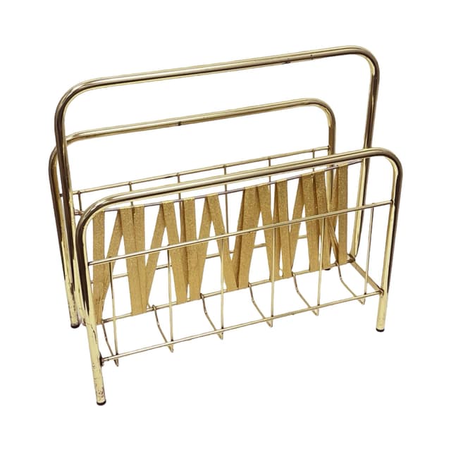 Magazine Rack, Hollywood Regency, gold brass, fabric, Germany, 1970s - DIMENSION