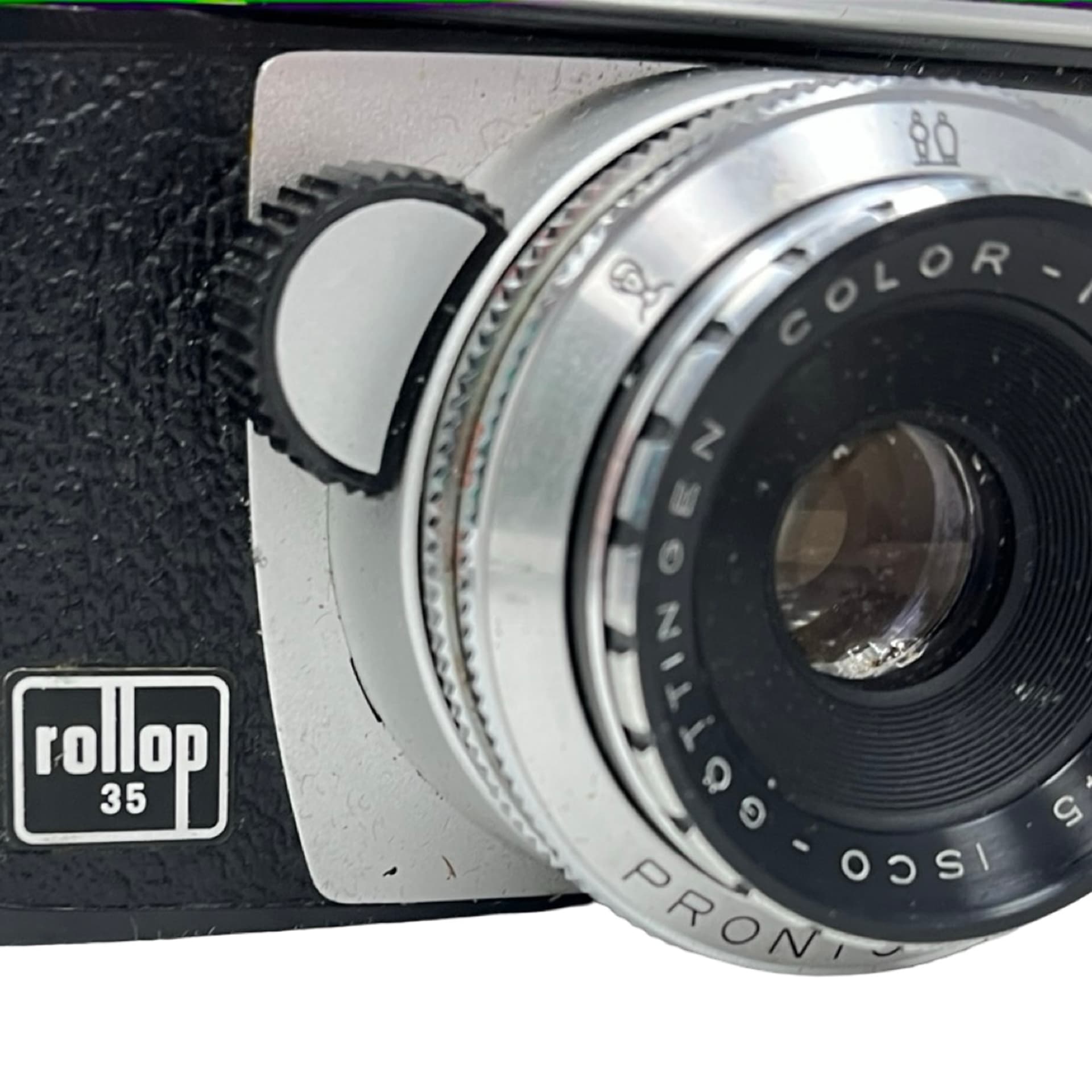 Aparat fotograficzny Rollop 35, srebrny metal, czarna okleina, szkło, Niemcy, lata 60. - 333390