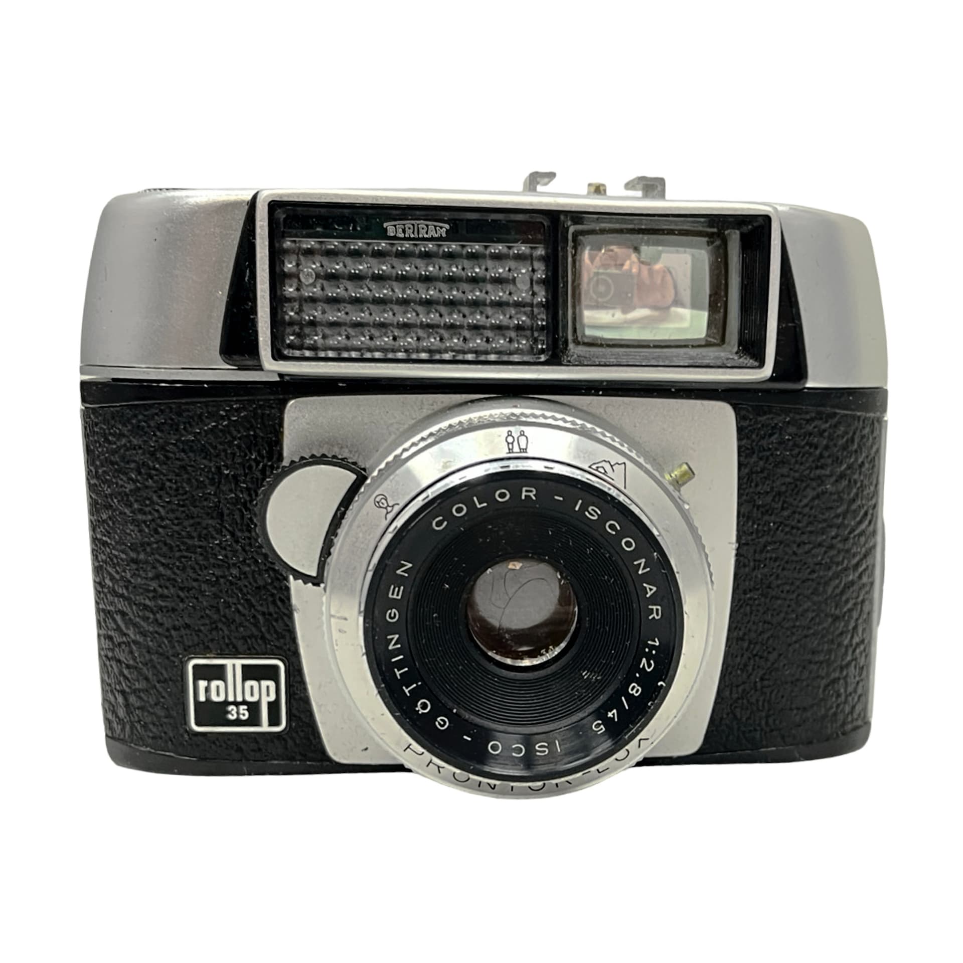 Aparat fotograficzny Rollop 35, srebrny metal, czarna okleina, szkło, Niemcy, lata 60. - 333382