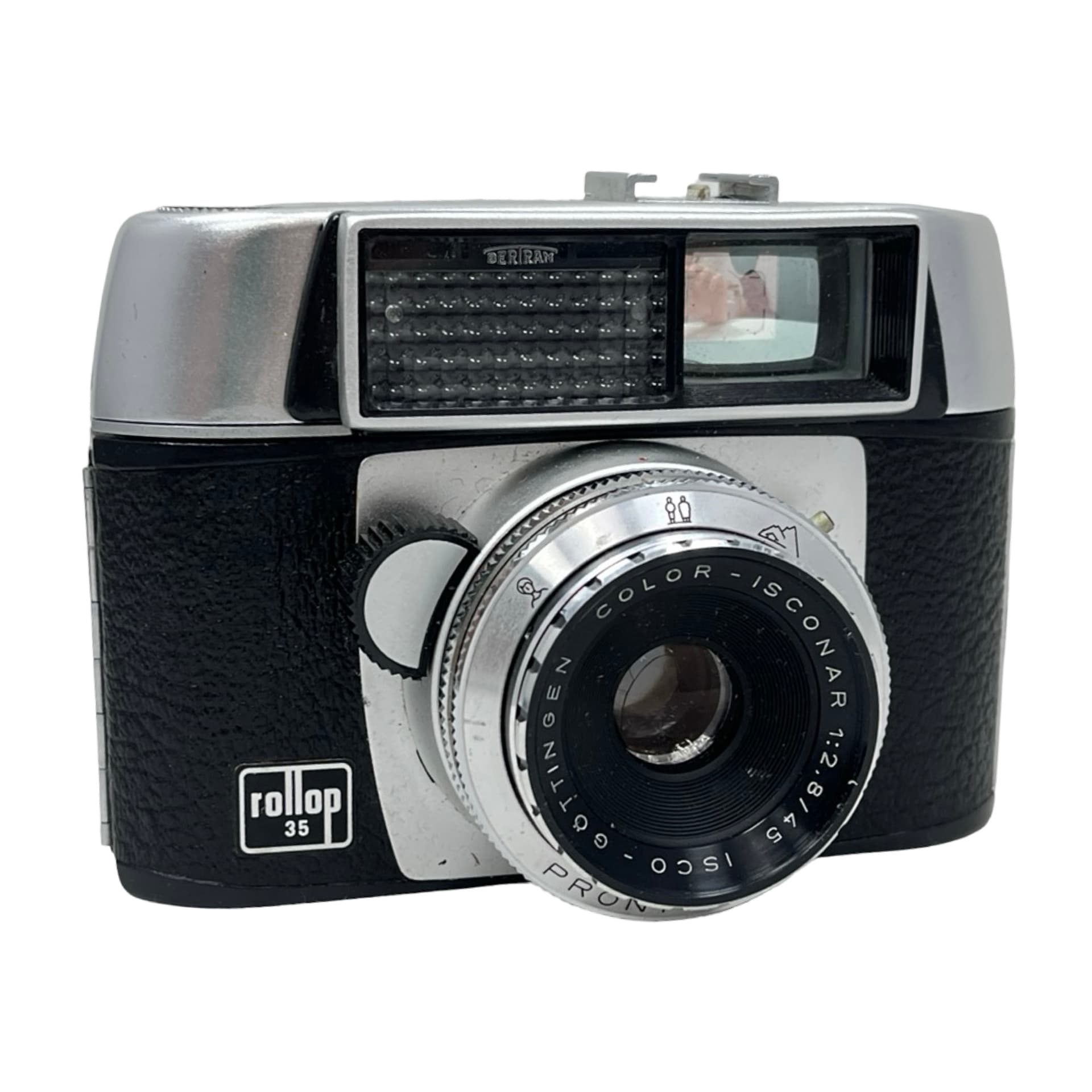 Aparat fotograficzny Rollop 35, srebrny metal, czarna okleina, szkło, Niemcy, lata 60. - 333391
