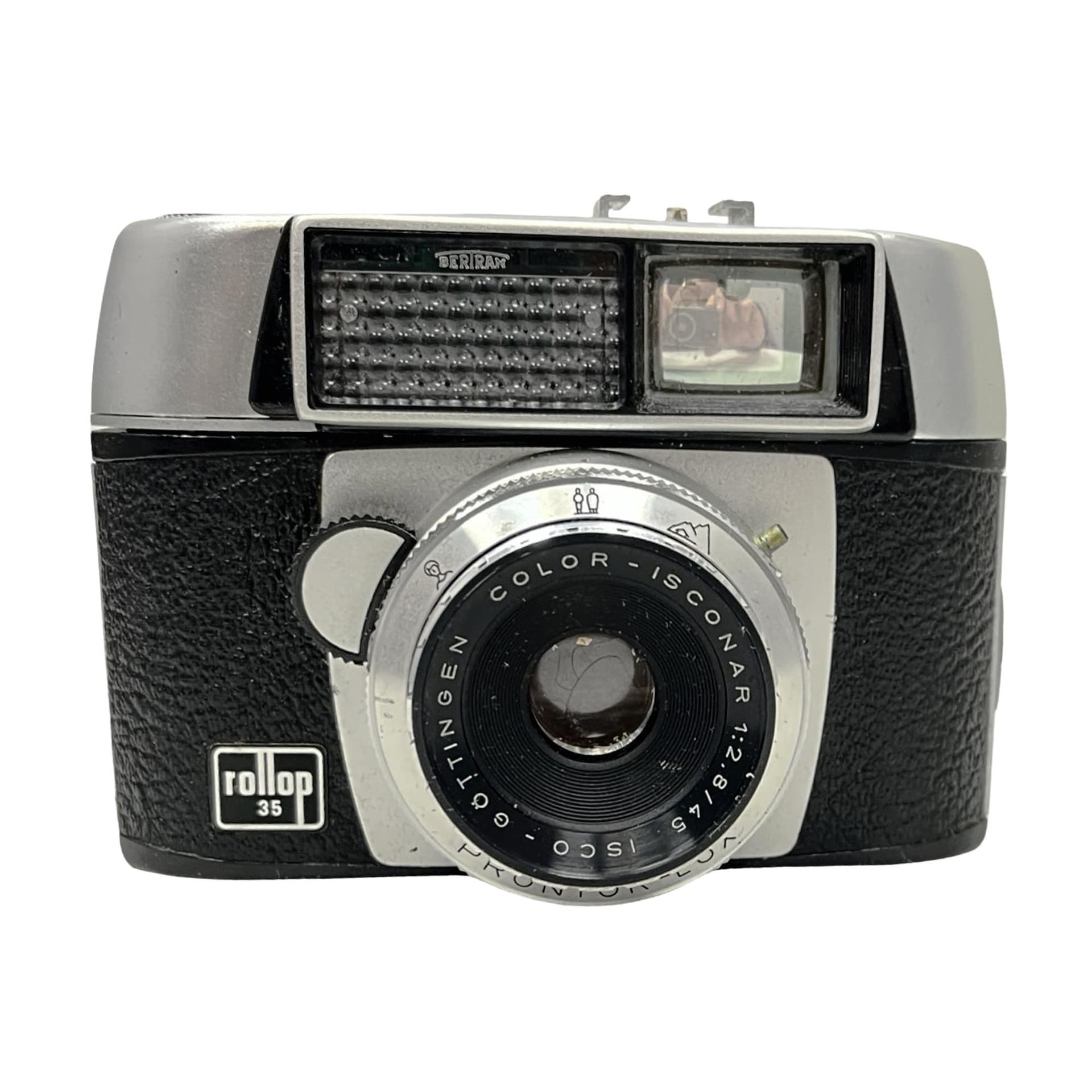 Aparat fotograficzny Rollop 35, srebrny metal, czarna okleina, szkło, Niemcy, lata 60.