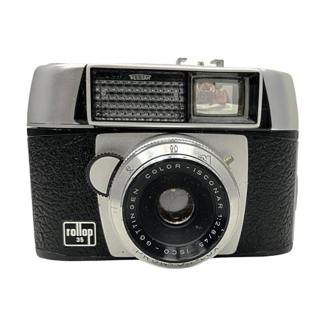 Aparat fotograficzny Rollop 35, srebrny metal, czarna okleina, szkło, Niemcy, lata 60. - WYMIARY