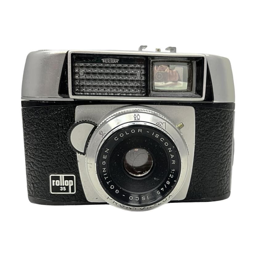 Aparat fotograficzny Rollop 35, srebrny metal, czarna okleina, szkło, Niemcy, lata 60.