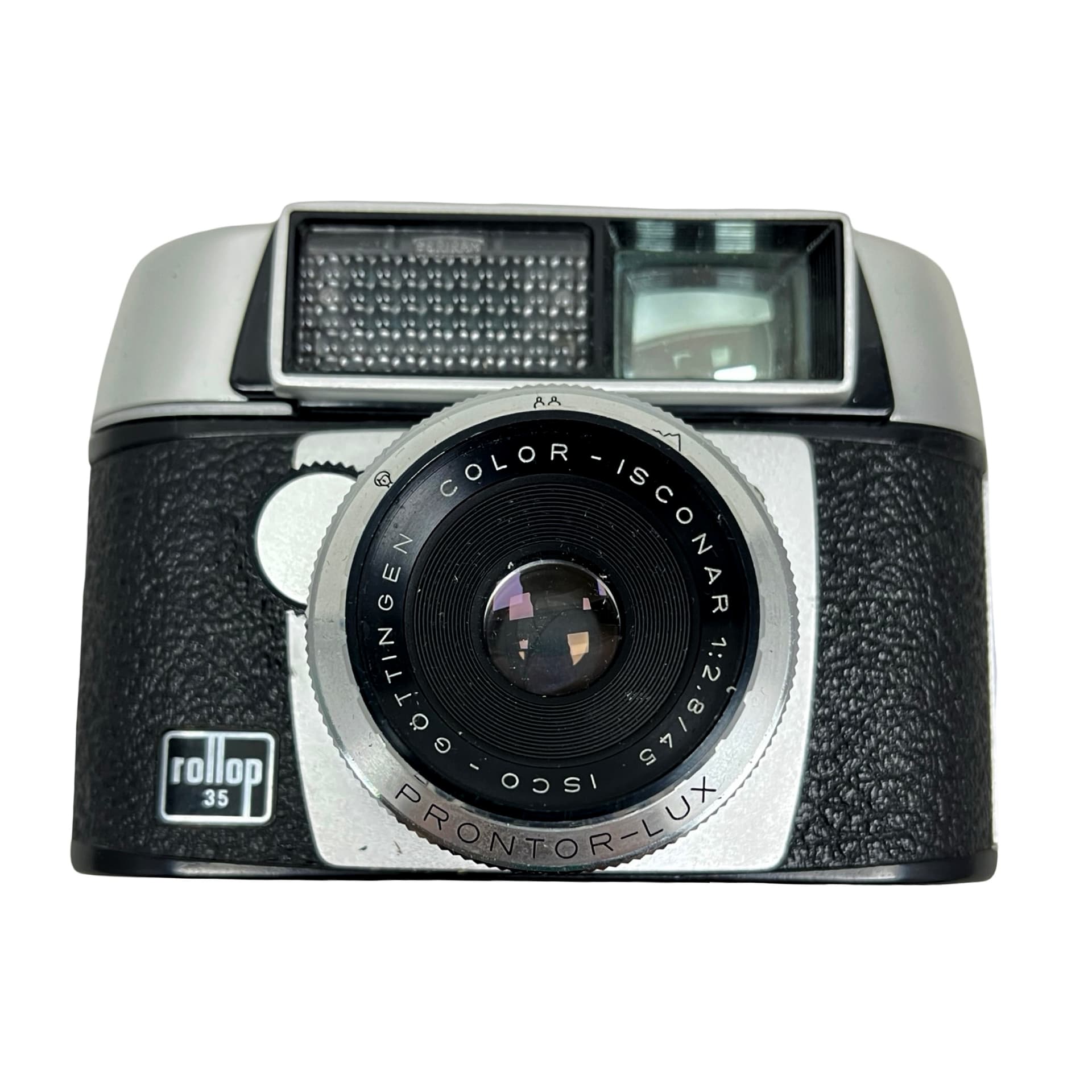 Aparat fotograficzny Rollop 35, srebrny metal, czarna okleina, szkło, Niemcy, lata 60. - 333388