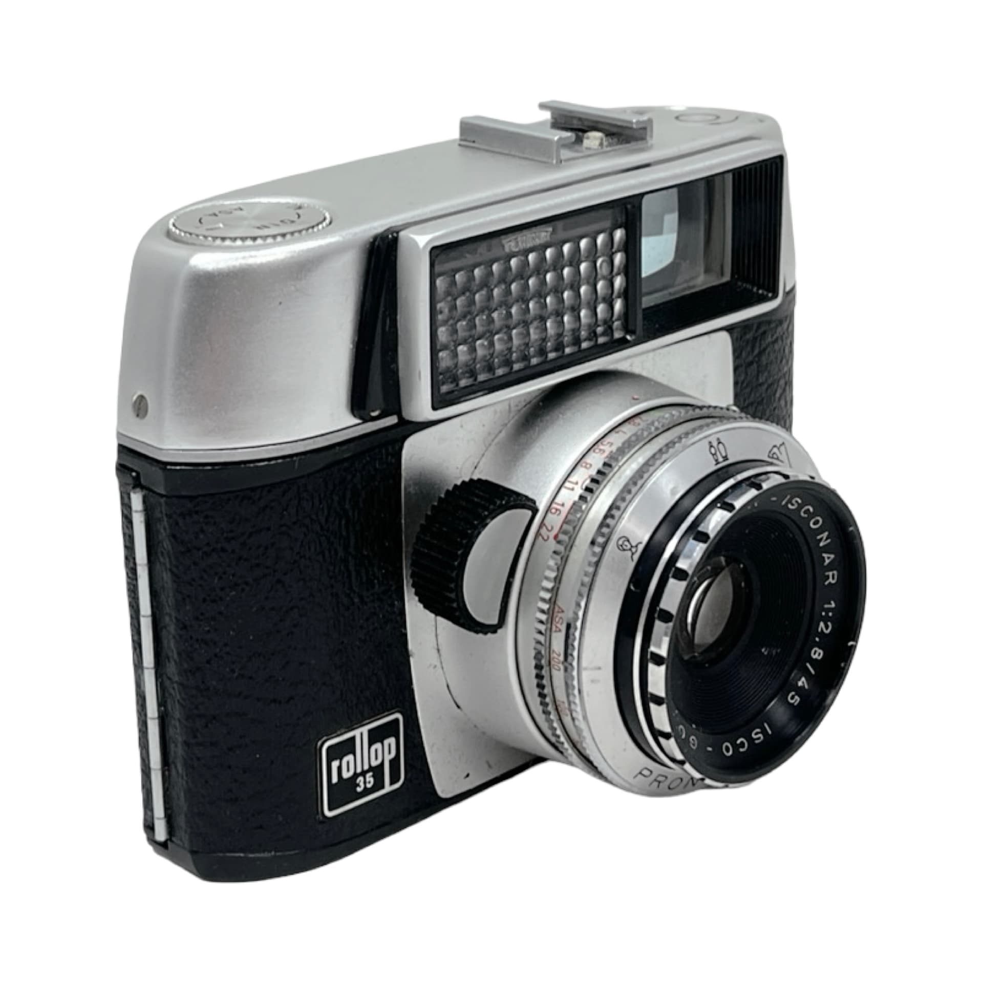 Aparat fotograficzny Rollop 35, srebrny metal, czarna okleina, szkło, Niemcy, lata 60. - 333387