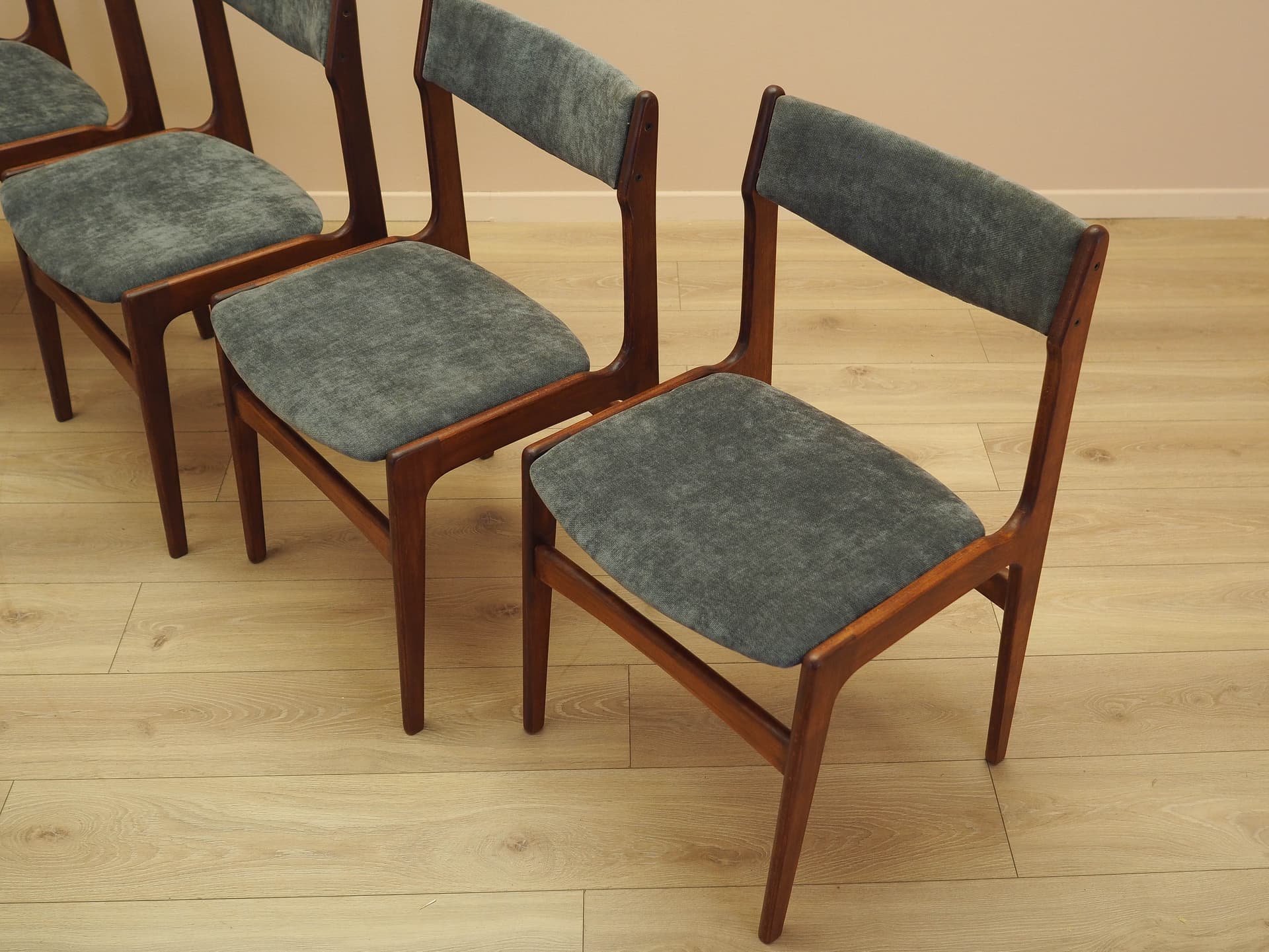 Set of four chairs, brown teak, grey fabric, Denmark, 1970s. - 333429