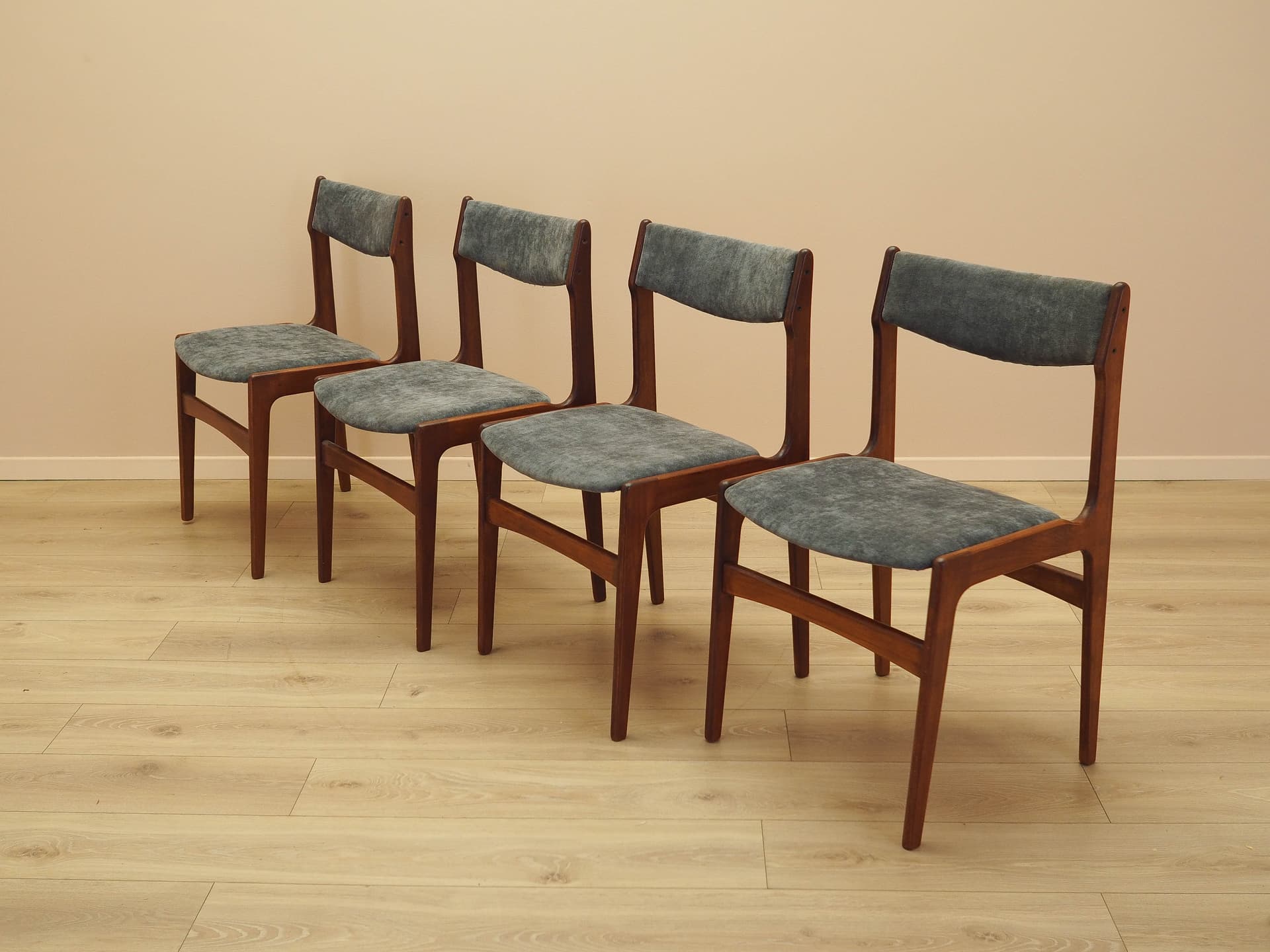 Set of four chairs, brown teak, grey fabric, Denmark, 1970s. - 333428