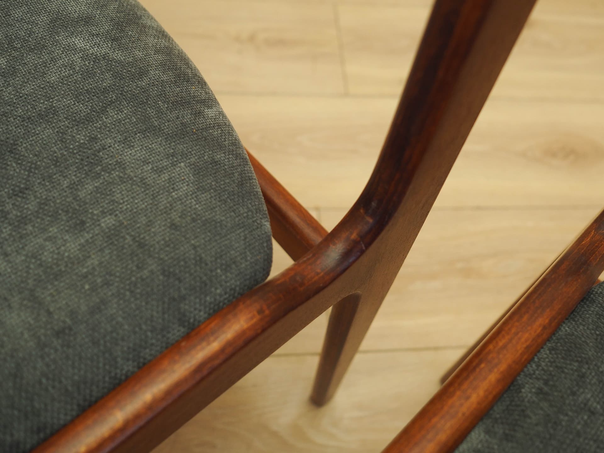 Set of four chairs, brown teak, grey fabric, Denmark, 1970s. - 333431