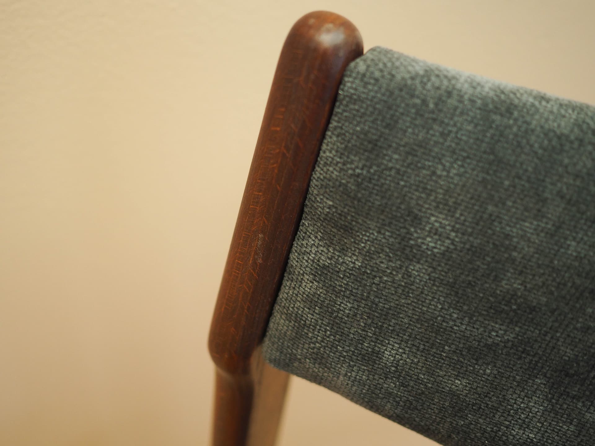 Set of four chairs, brown teak, grey fabric, Denmark, 1970s. - 333435