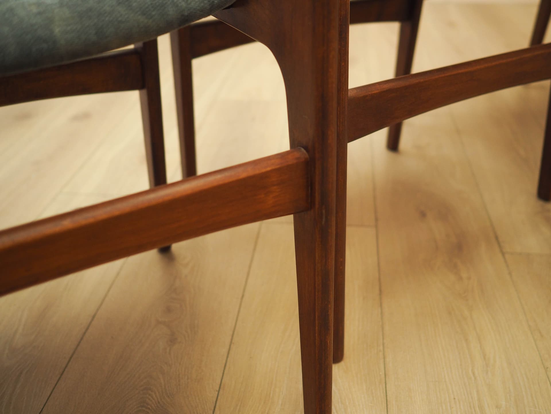 Set of four chairs, brown teak, grey fabric, Denmark, 1970s. - 333436