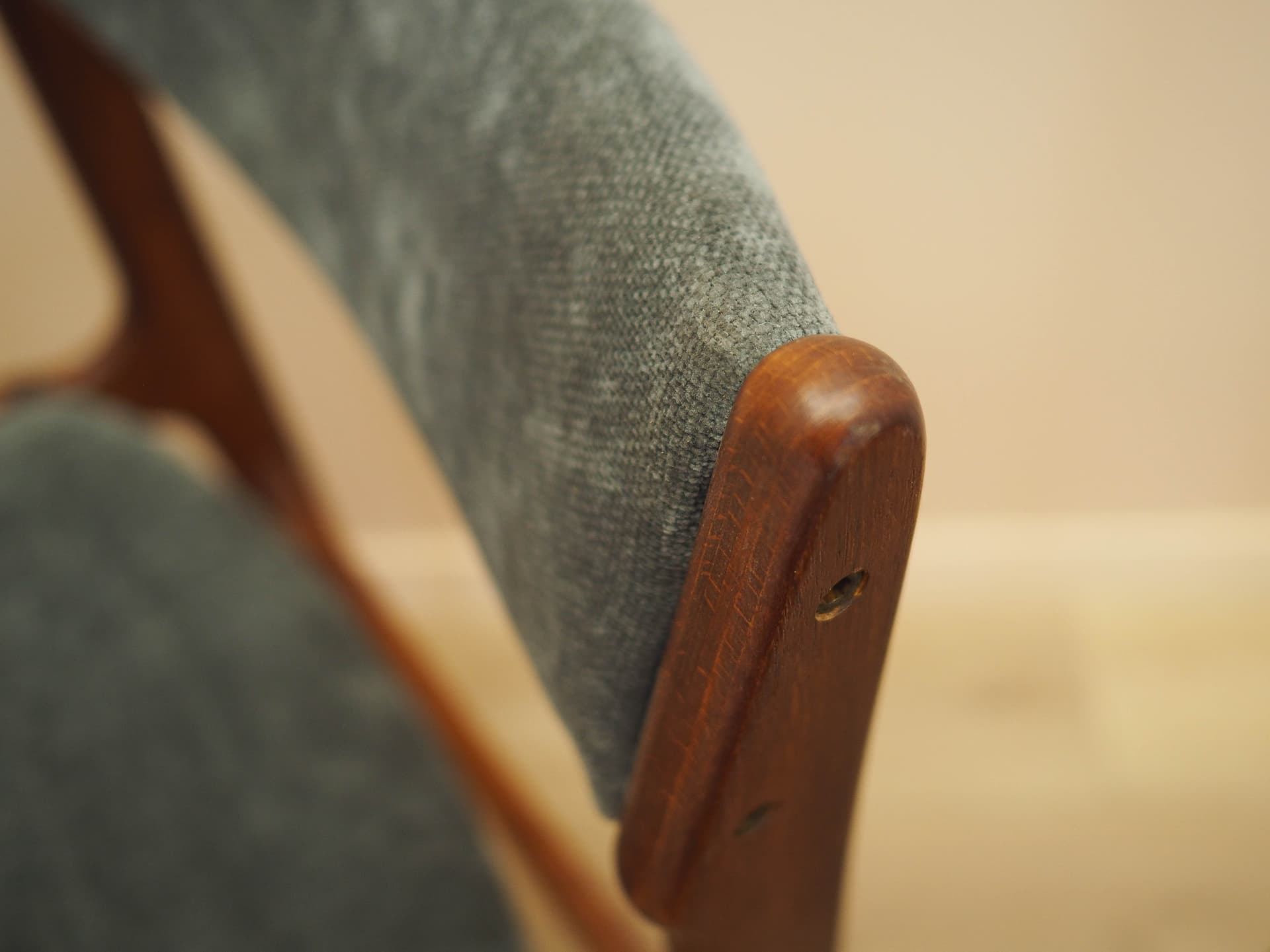 Set of four chairs, brown teak, grey fabric, Denmark, 1970s. - 333434