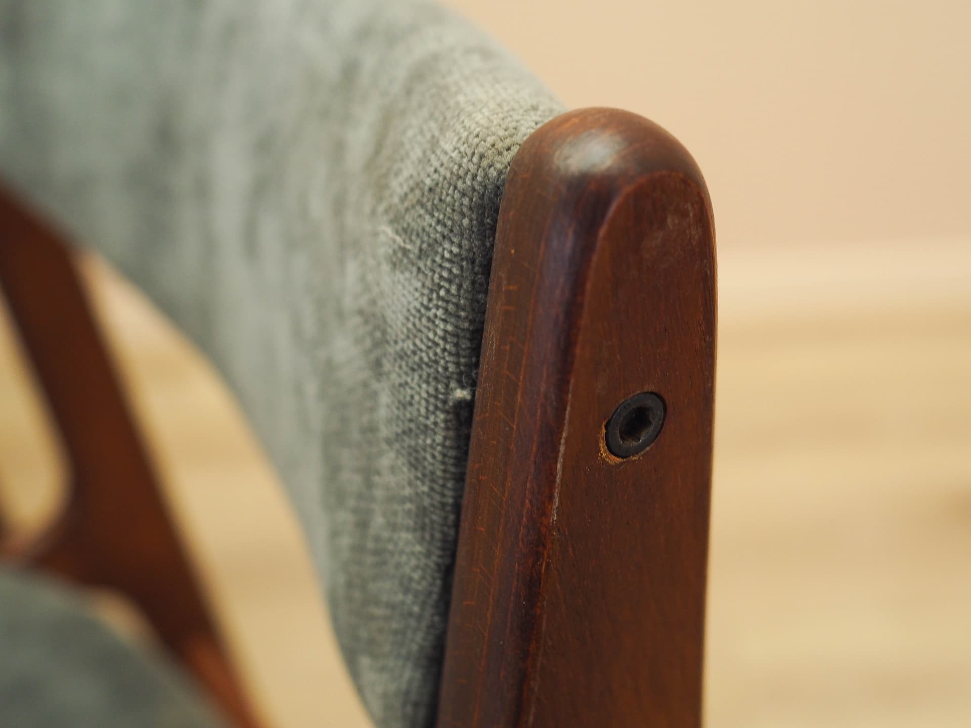 Set of four chairs, brown teak, grey fabric, Denmark, 1970s. - 333432