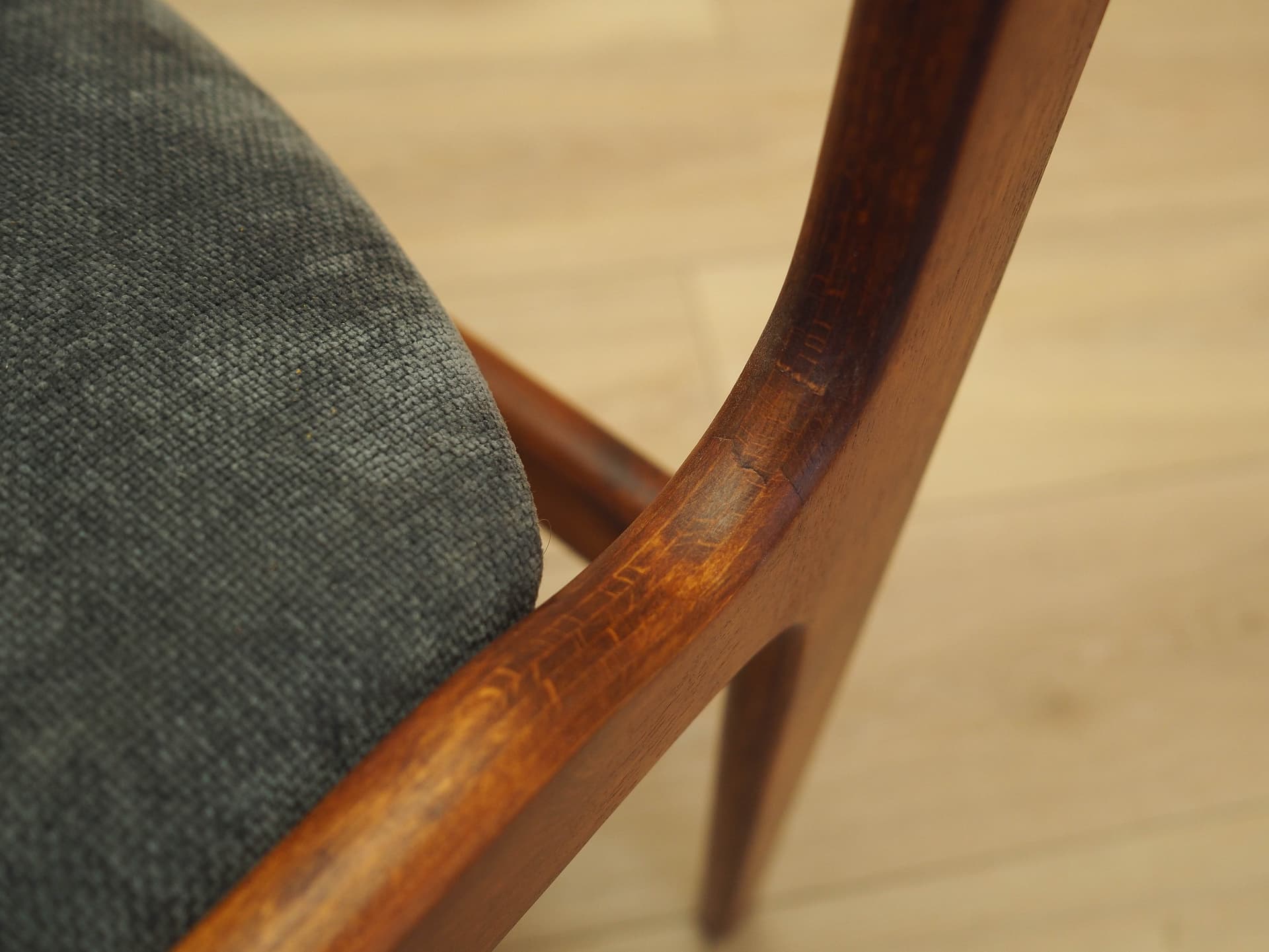 Set of four chairs, brown teak, grey fabric, Denmark, 1970s. - 333430