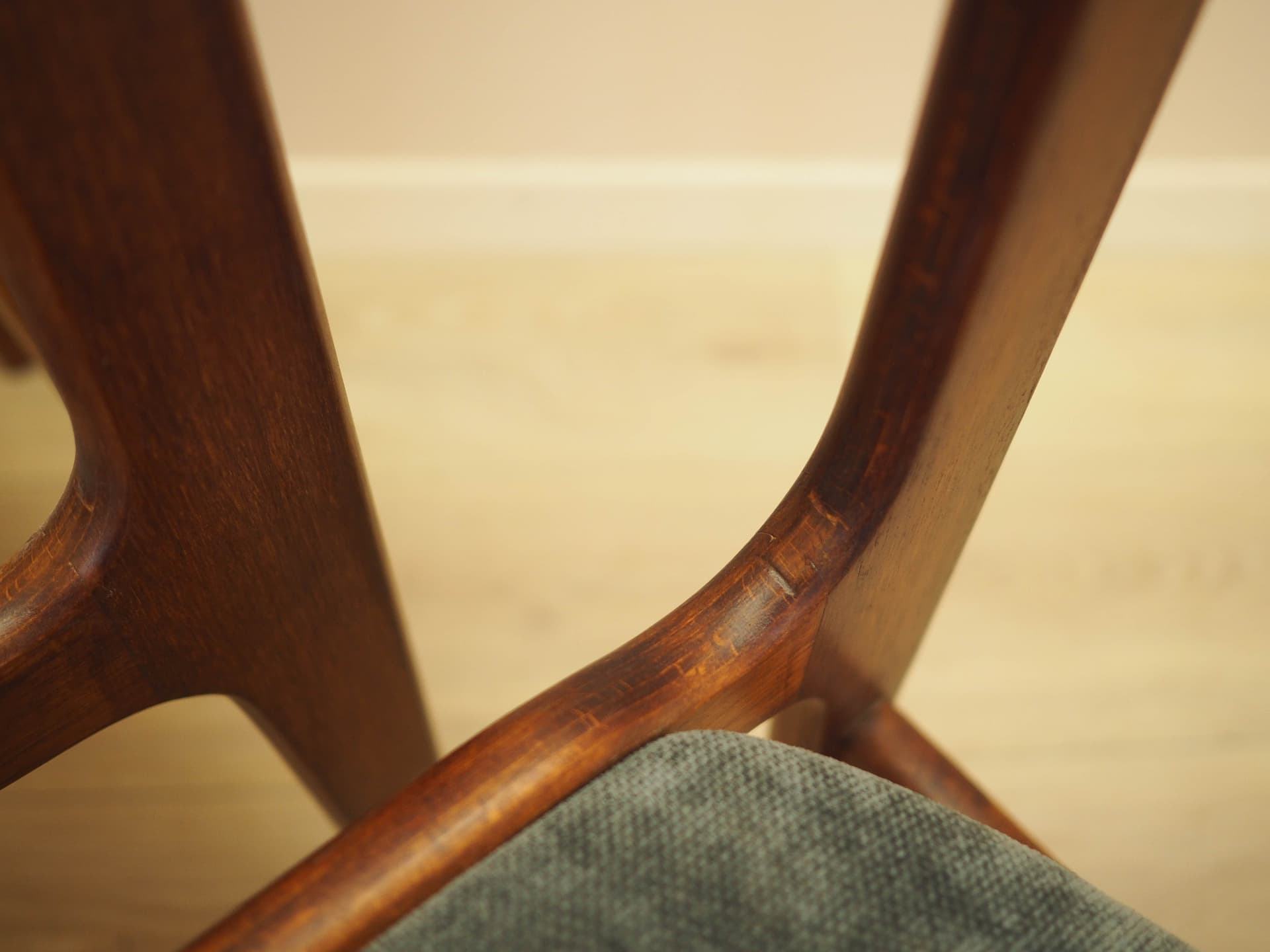 Set of four chairs, brown teak, grey fabric, Denmark, 1970s. - 333433