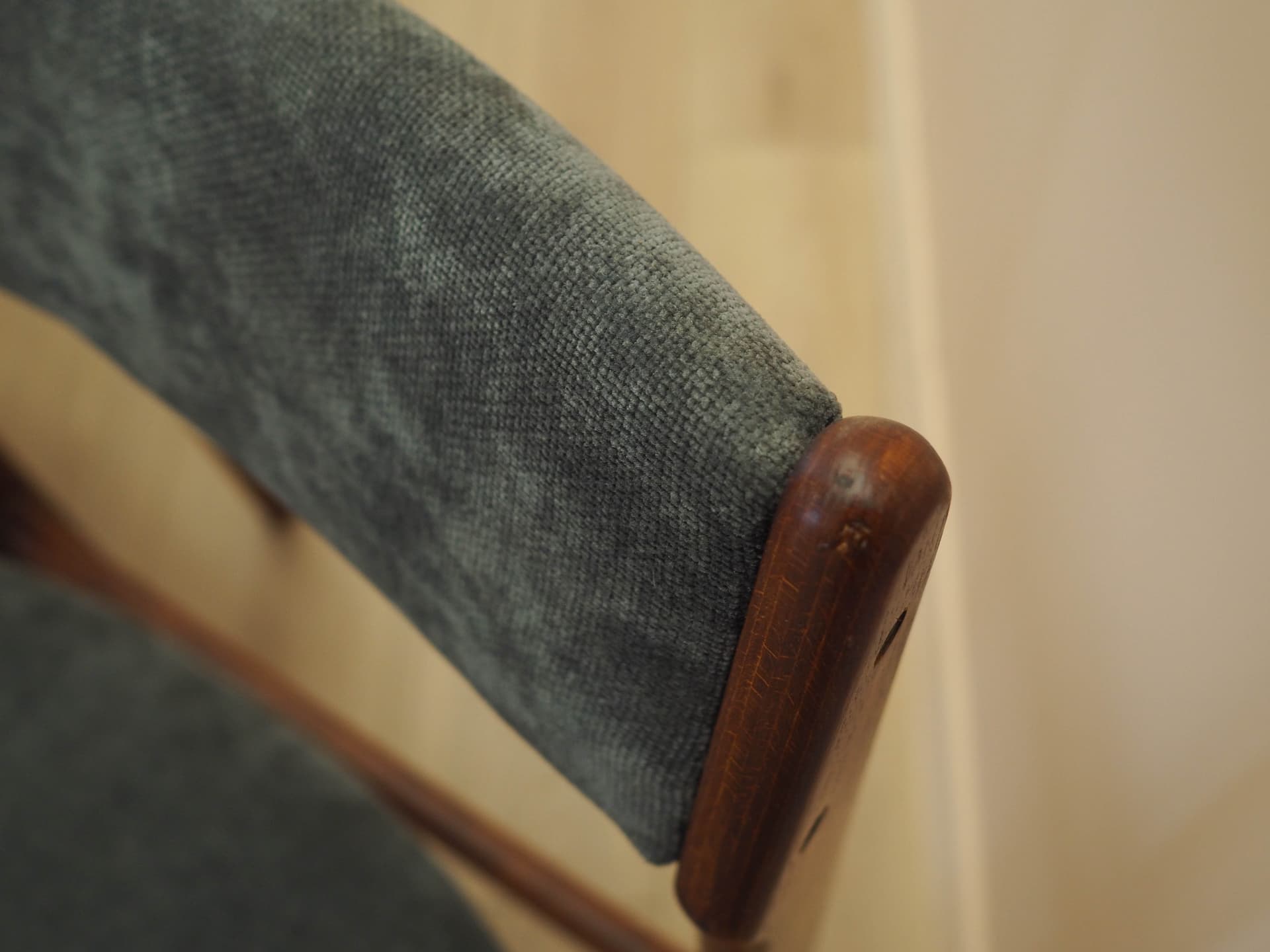 Set of four chairs, brown teak, grey fabric, Denmark, 1970s. - 333451