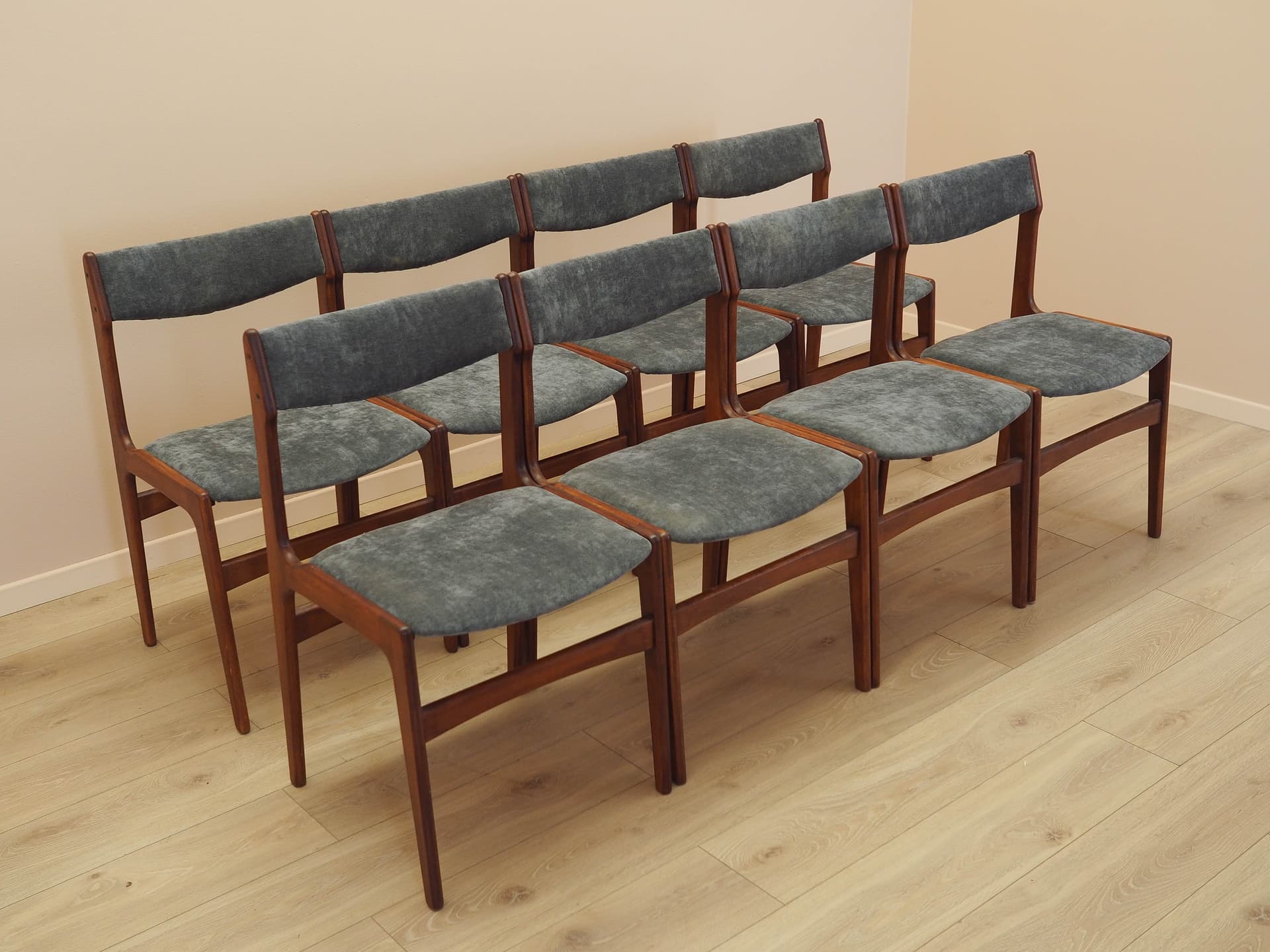 Set of four chairs, brown teak, grey fabric, Denmark, 1970s. - 333441